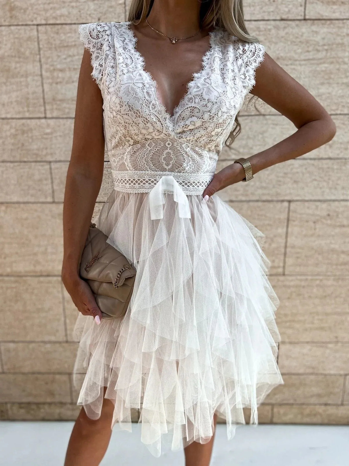 Lace Muse V-Neck Ruffle Dress