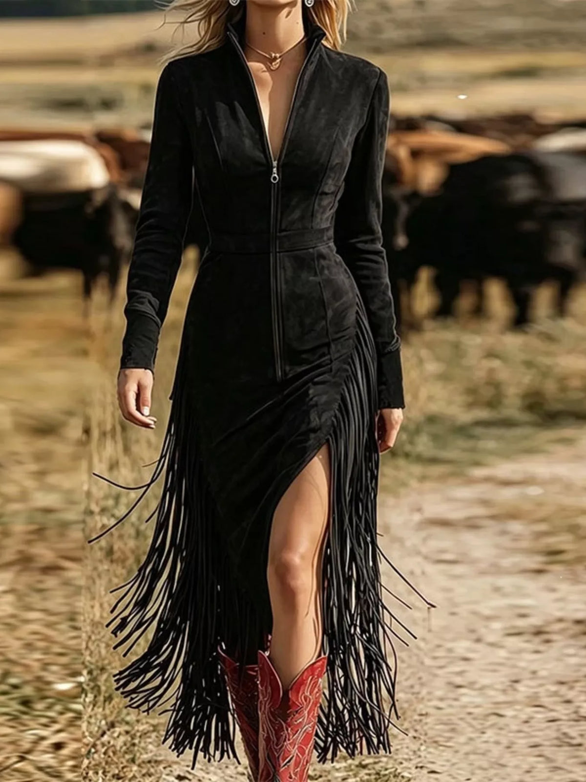 Brave Heart Fringe Zip-Front Midi Dress
