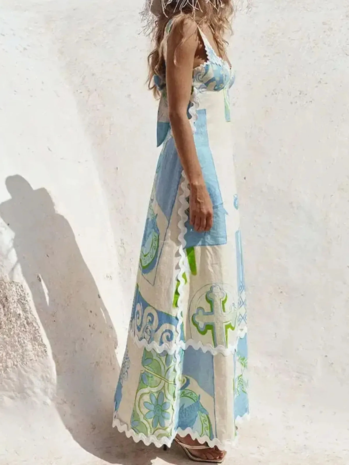 Coastal Boho Tied-Back Printed Maxi Dress