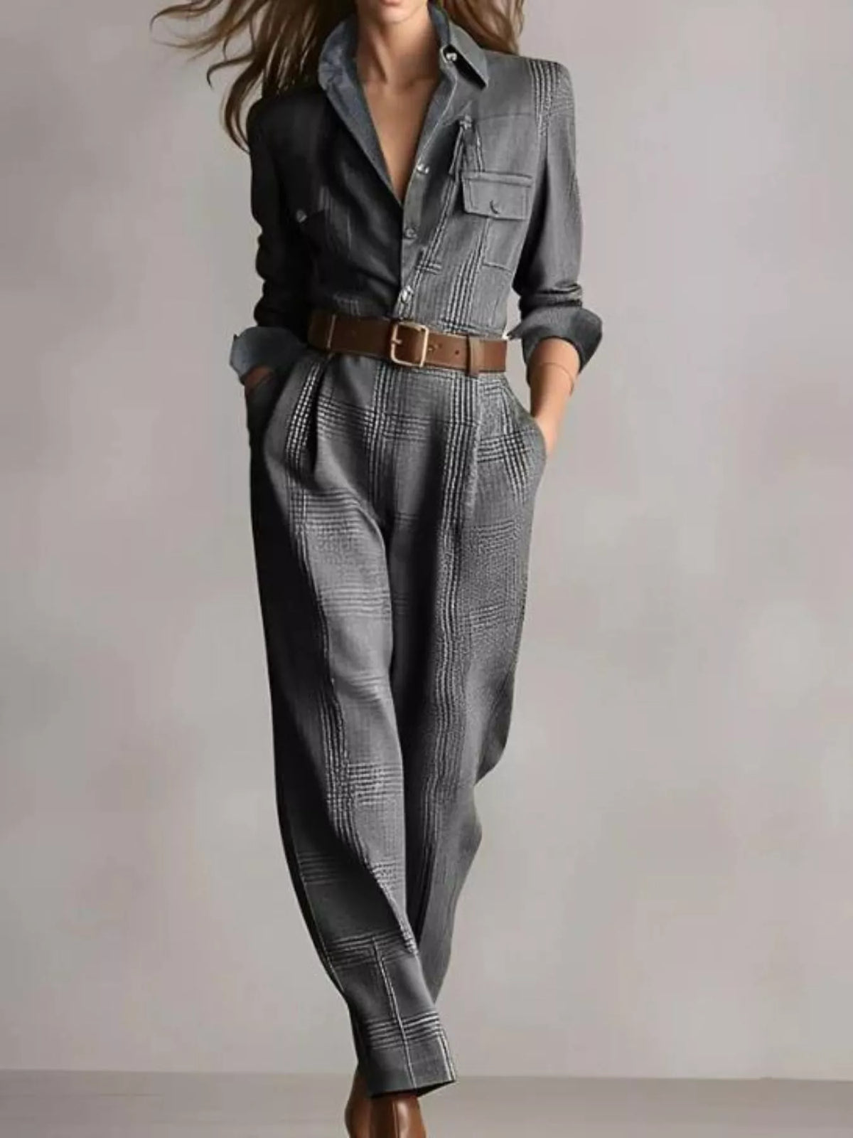 Urban Utility Button-Front Long Sleeve Jumpsuit