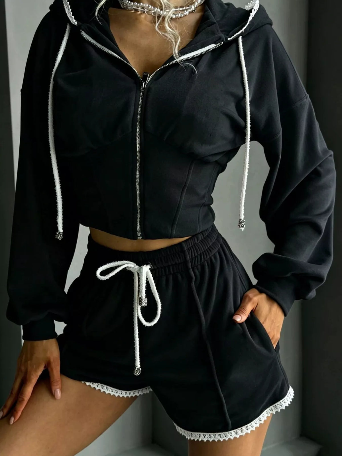 Wanderlust Drawstring Zip-Up Hoodie & Shorts Set