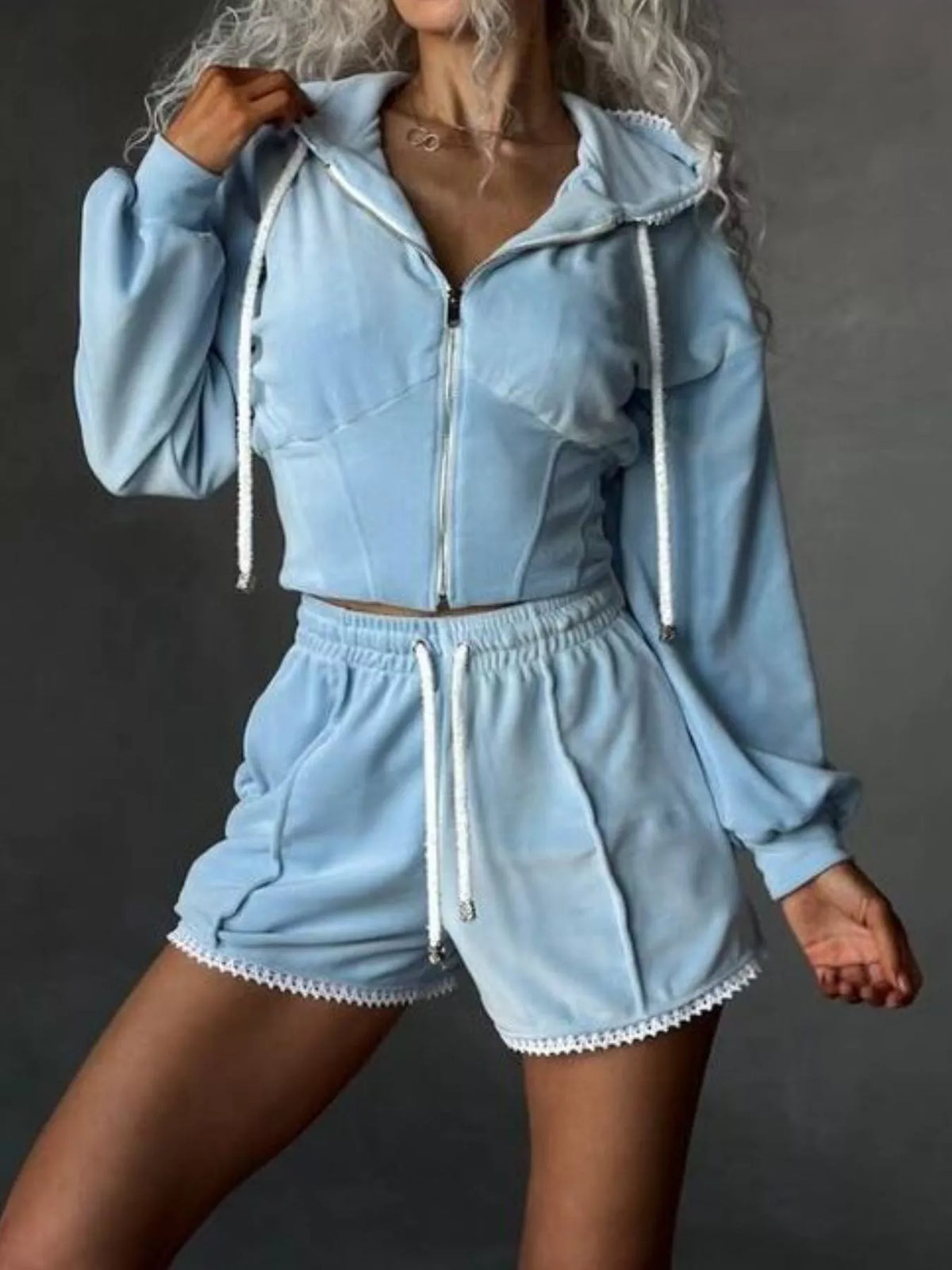 Wanderlust Drawstring Zip-Up Hoodie & Shorts Set