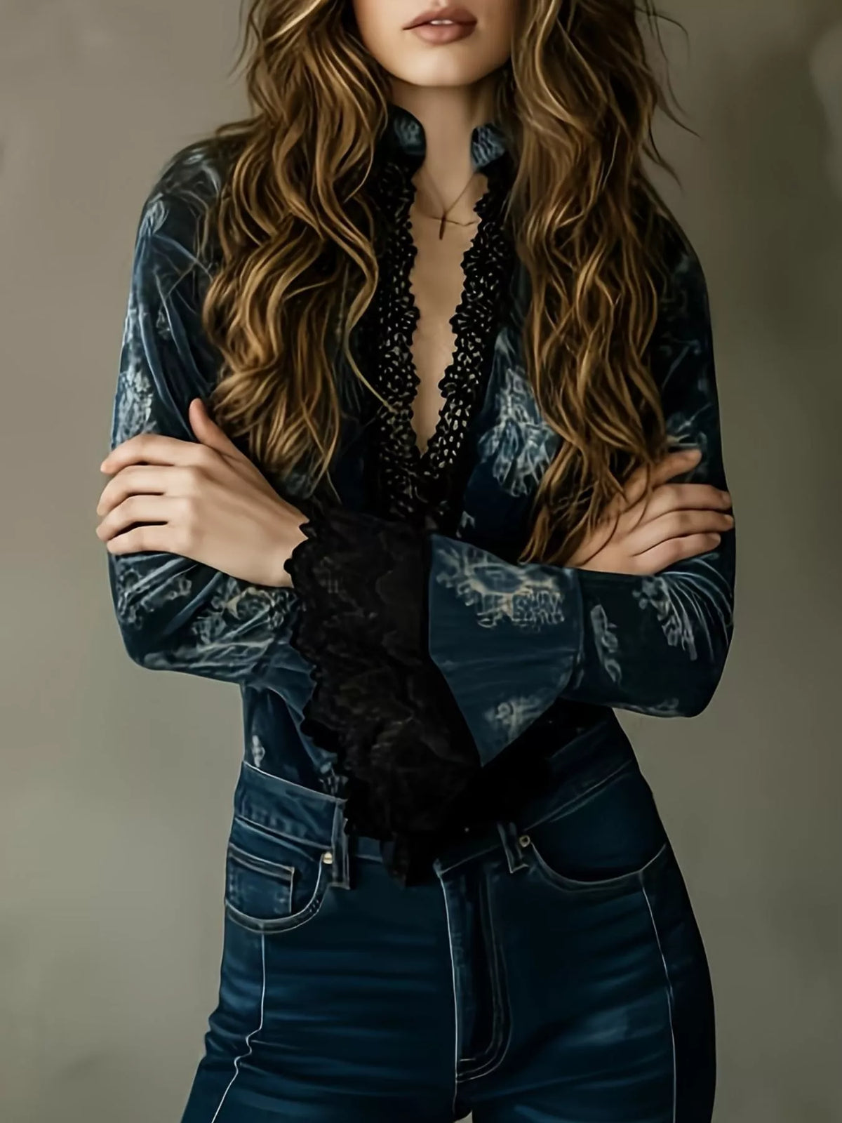 Urban Romance Lace Trim Flare Sleeve Blouse