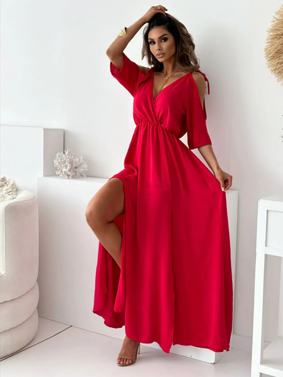 Bold Intent Tied Shoulder Slit Maxi Dress