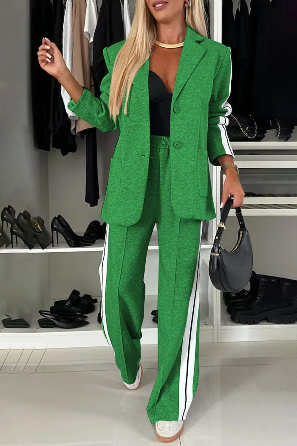 City Contrast Lapel Collar Top & Pants Set