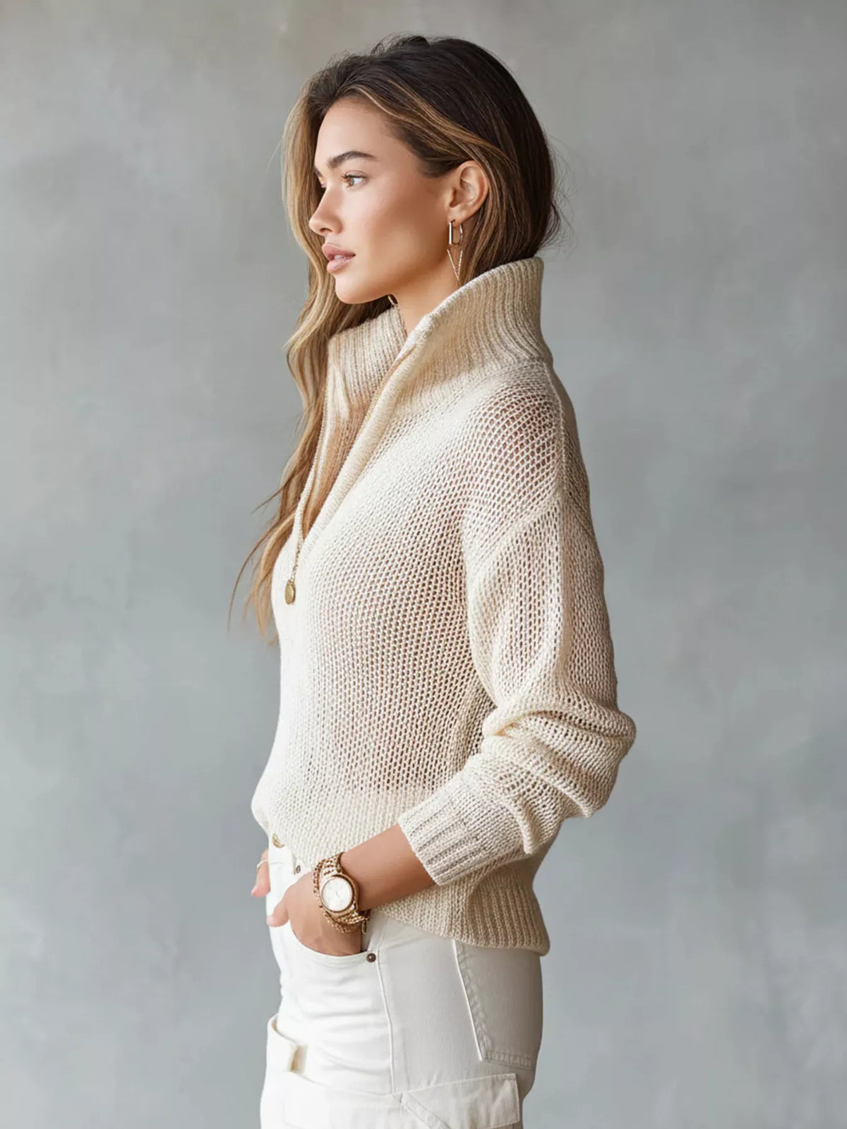 Edge & Elegance Half-Zip Dropped Shoulder Sweater