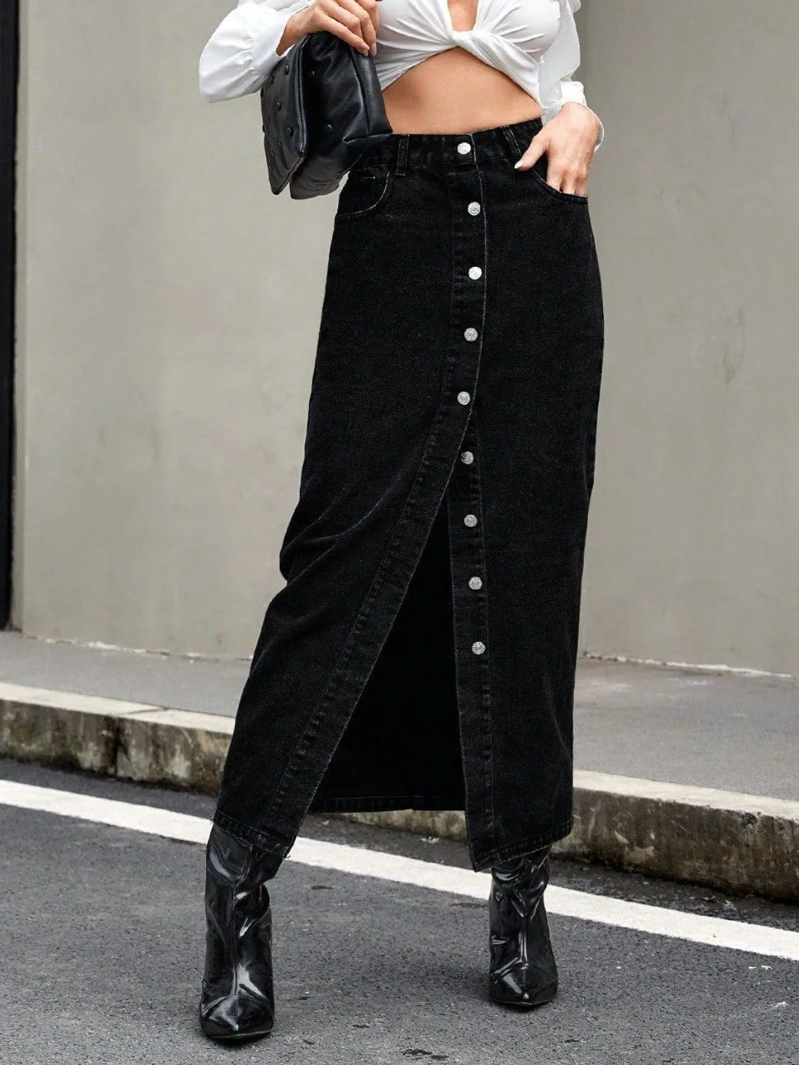 Downtown Muse Button Front Denim Skirt