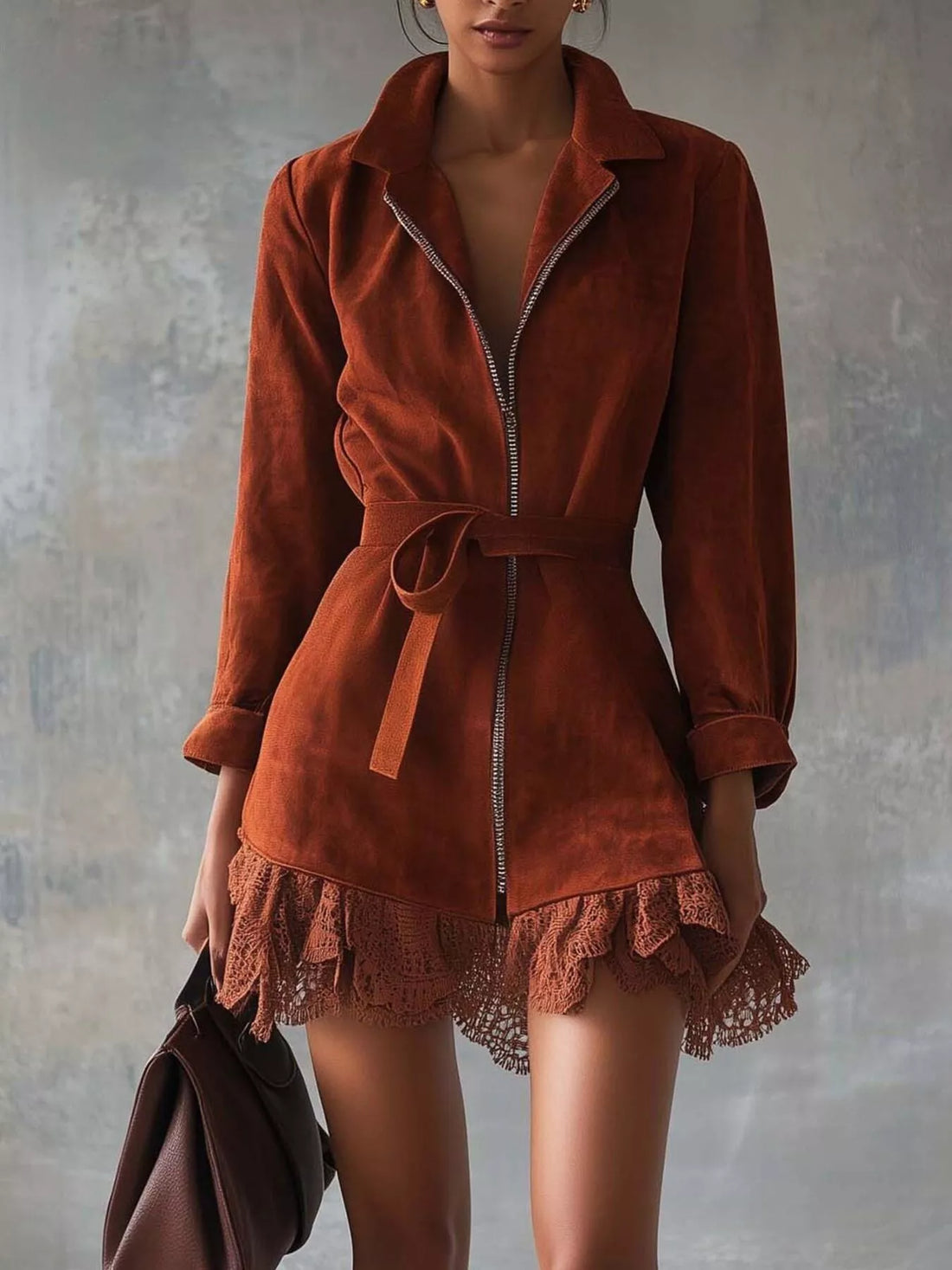Velvet Line Lace Trim Zip Front Dress