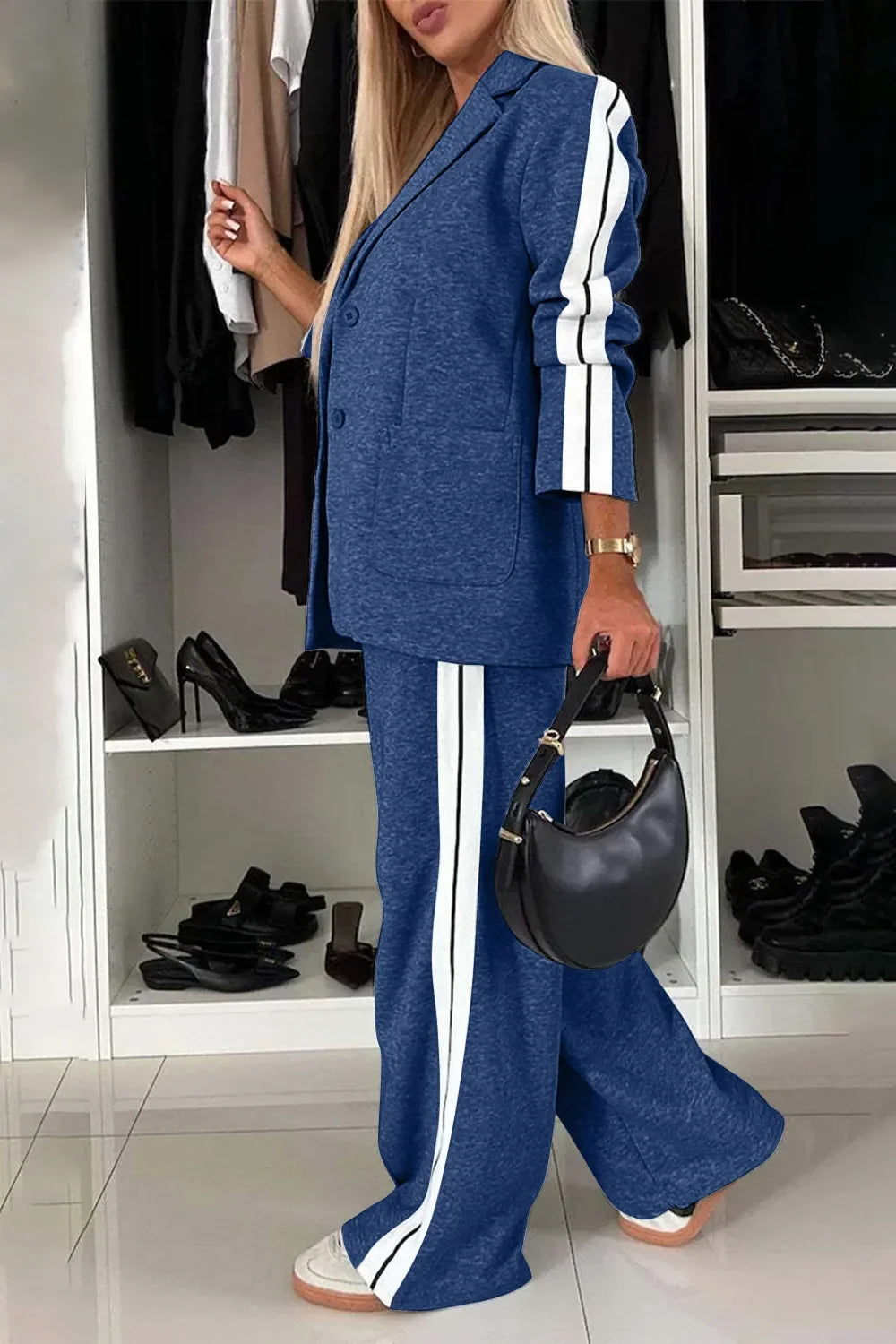 City Contrast Lapel Collar Top & Pants Set