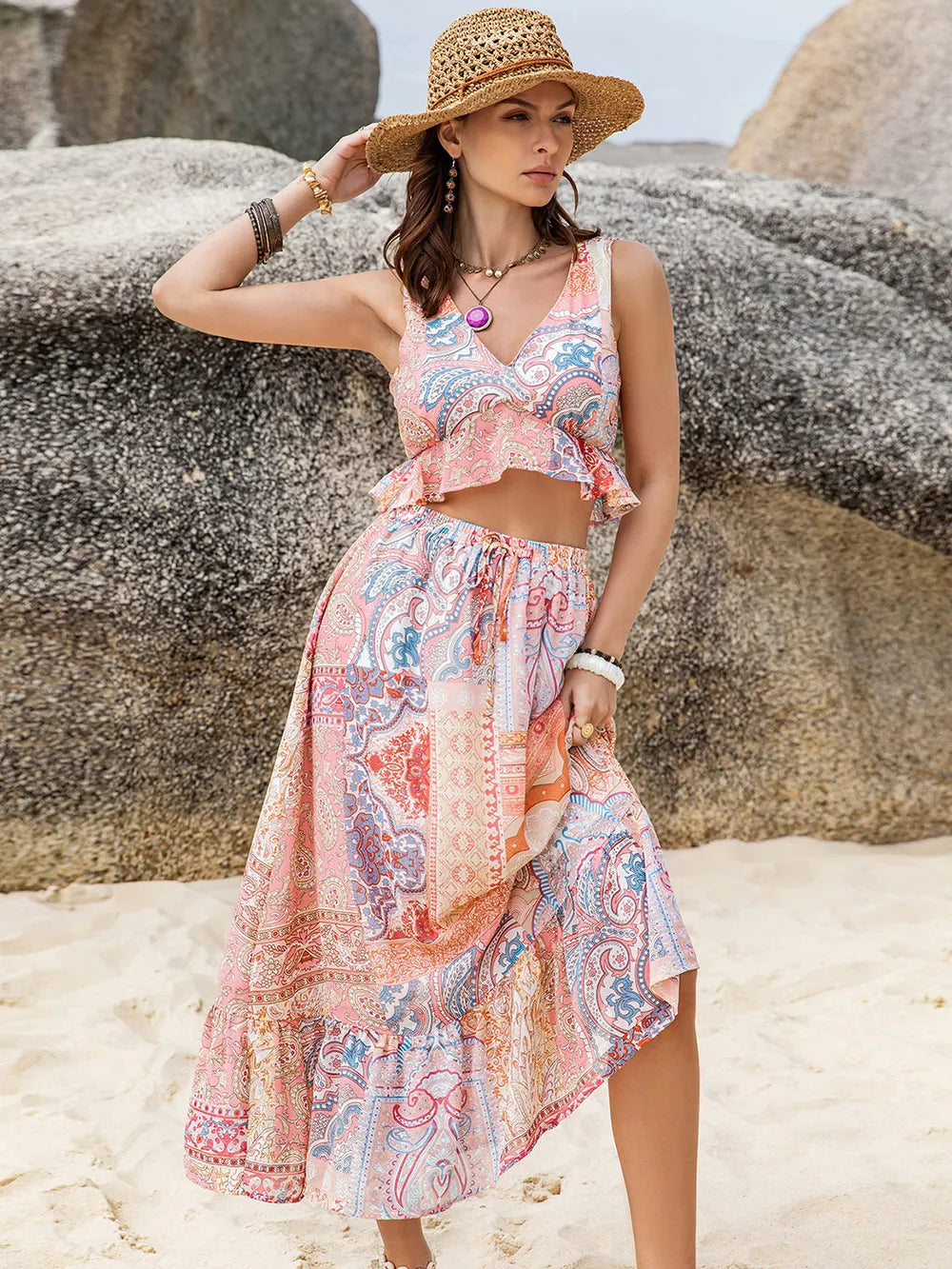Blush Breeze Printed Top & Midi Skirt Set