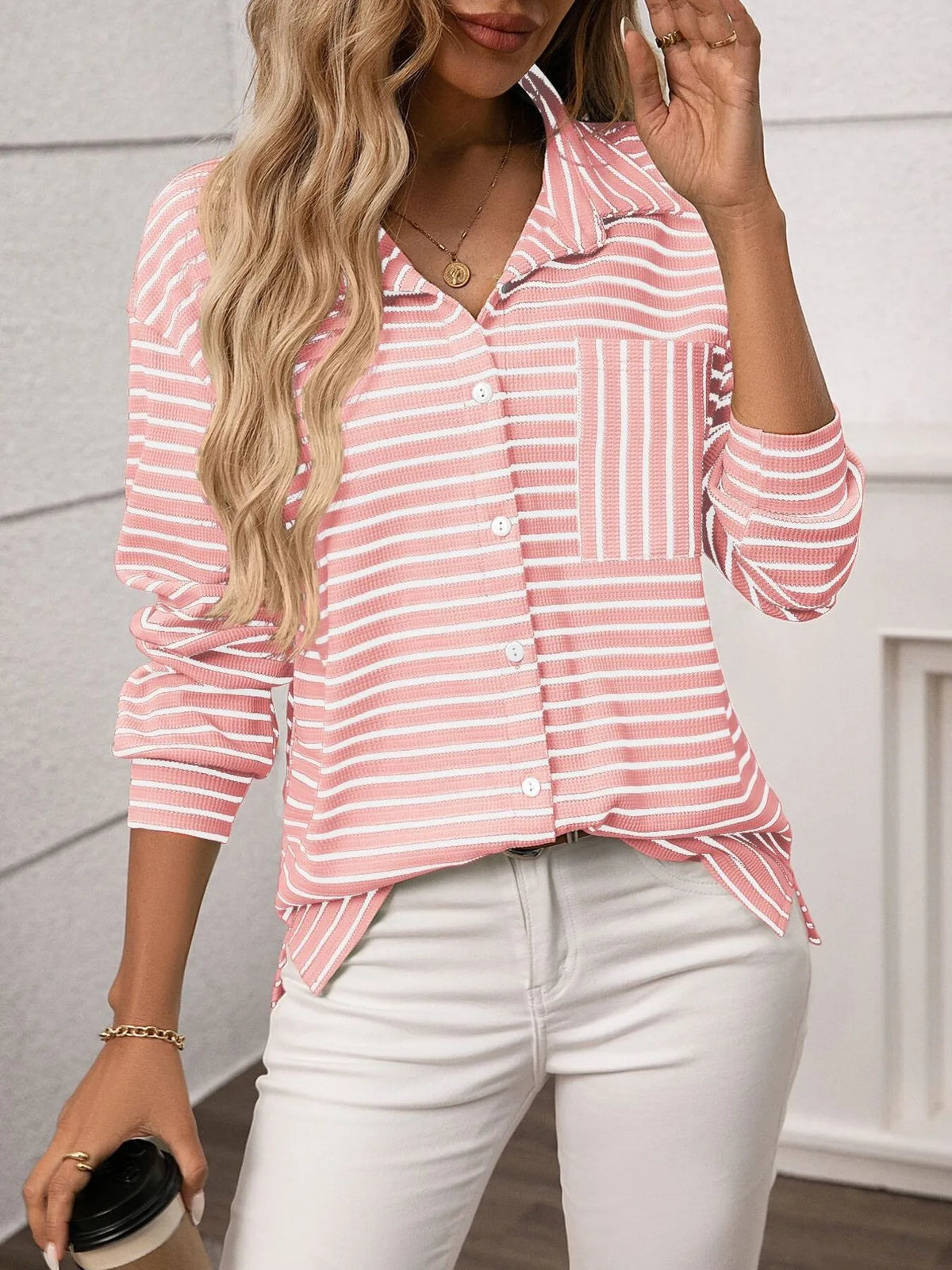City Ease Striped Button Up Long Sleeve Shirt