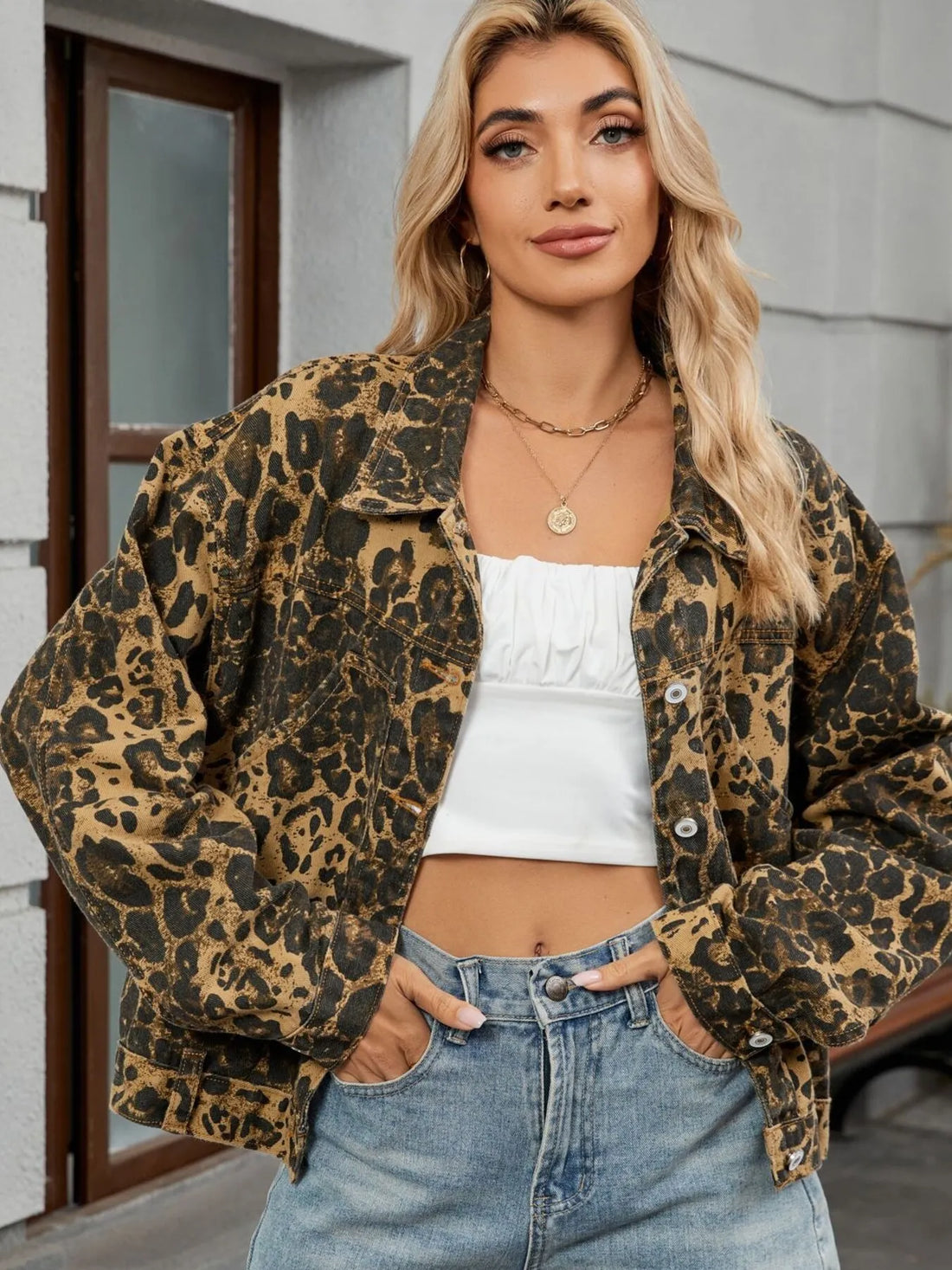Street Luxe Leopard Print Denim Jacket