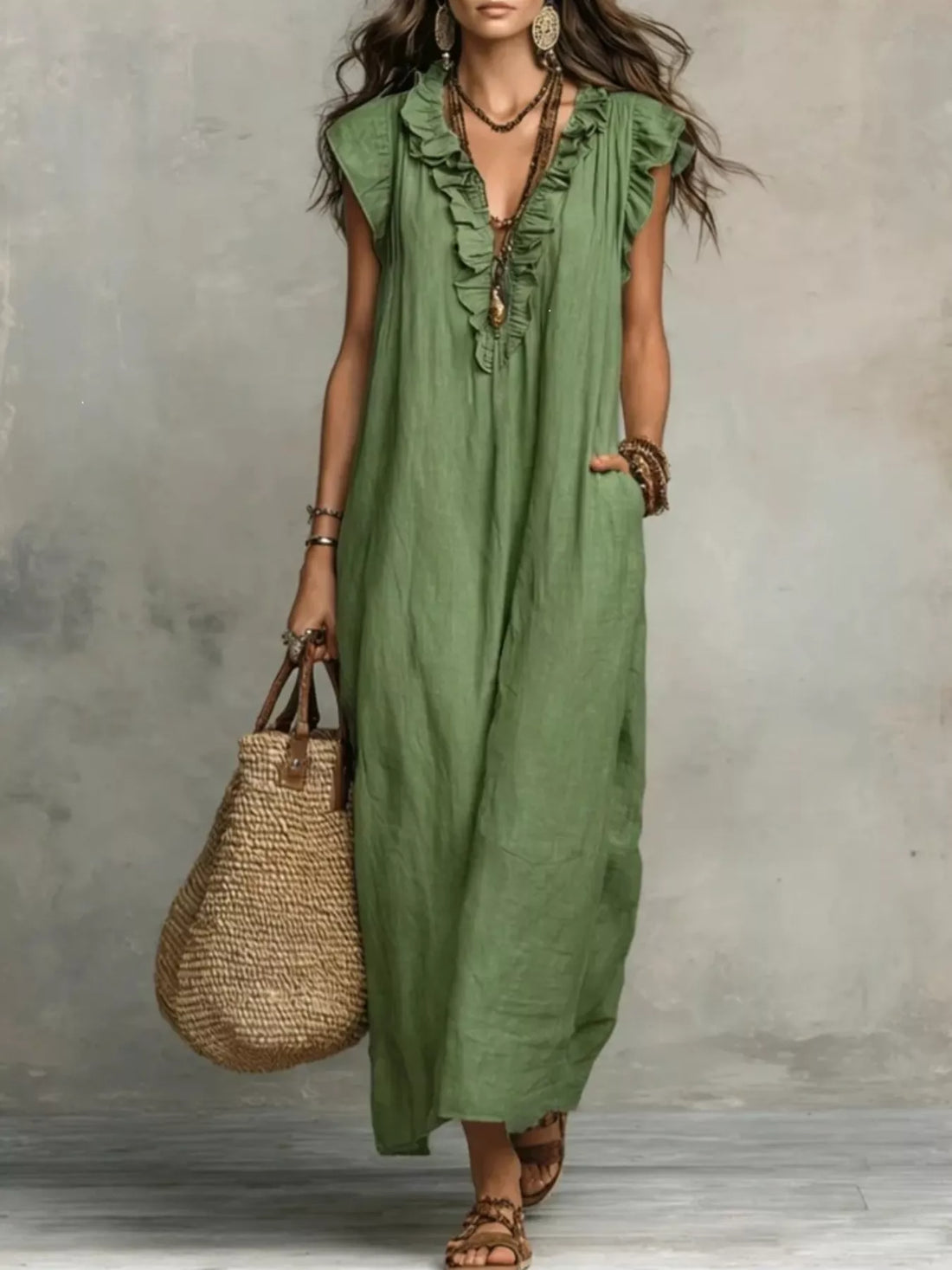 Jasmine Nights Ruffled V-Neck Cap Sleeve Maxi Dress
