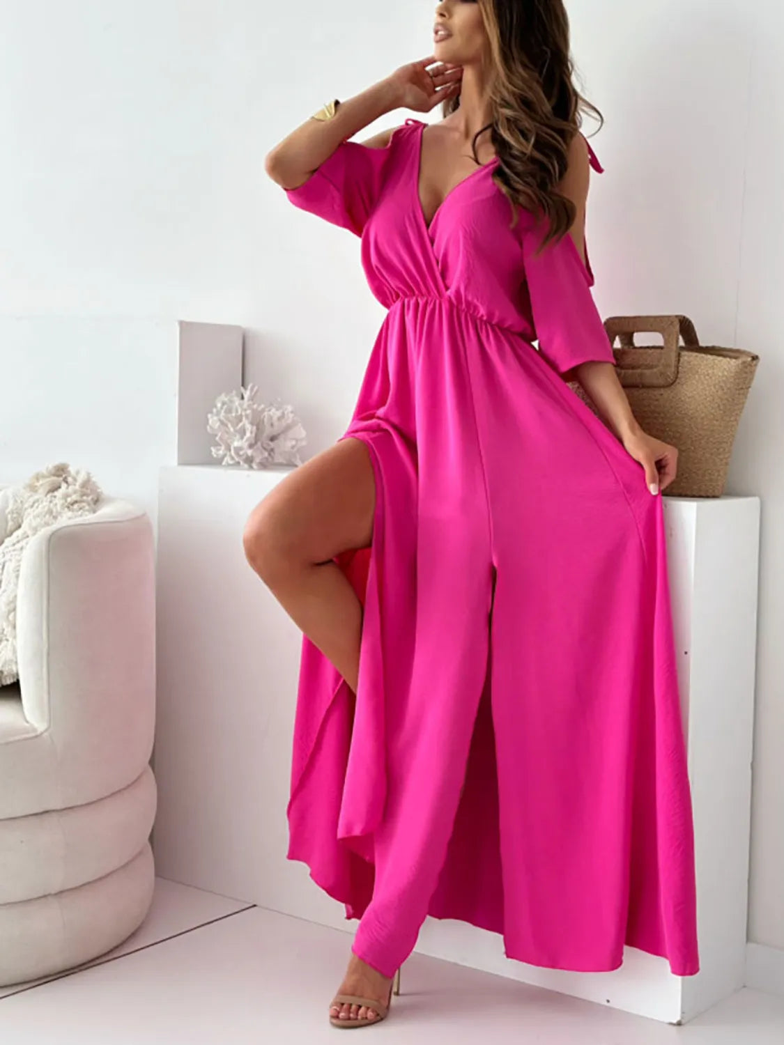 Bold Intent Tied Shoulder Slit Maxi Dress