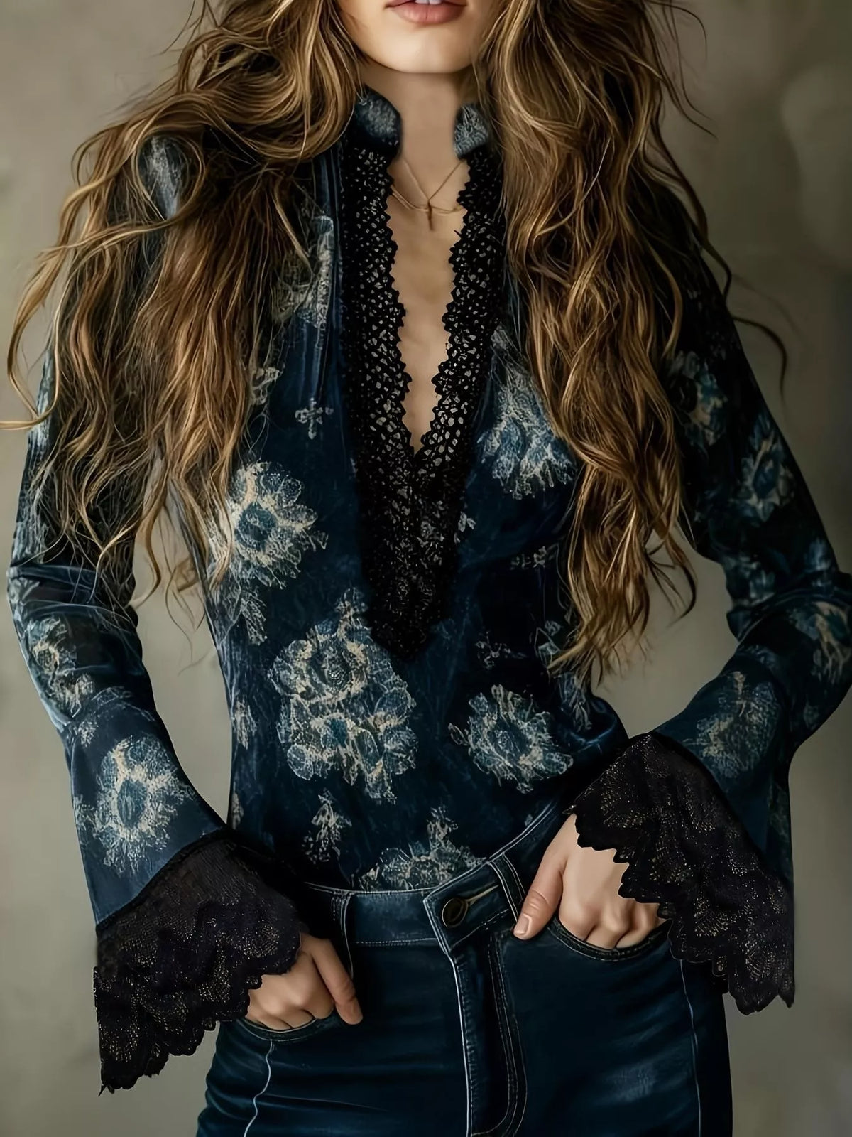Urban Romance Lace Trim Flare Sleeve Blouse