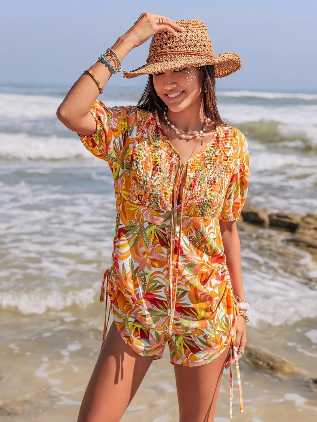 Cote d'Azur Smocked Printed Romper