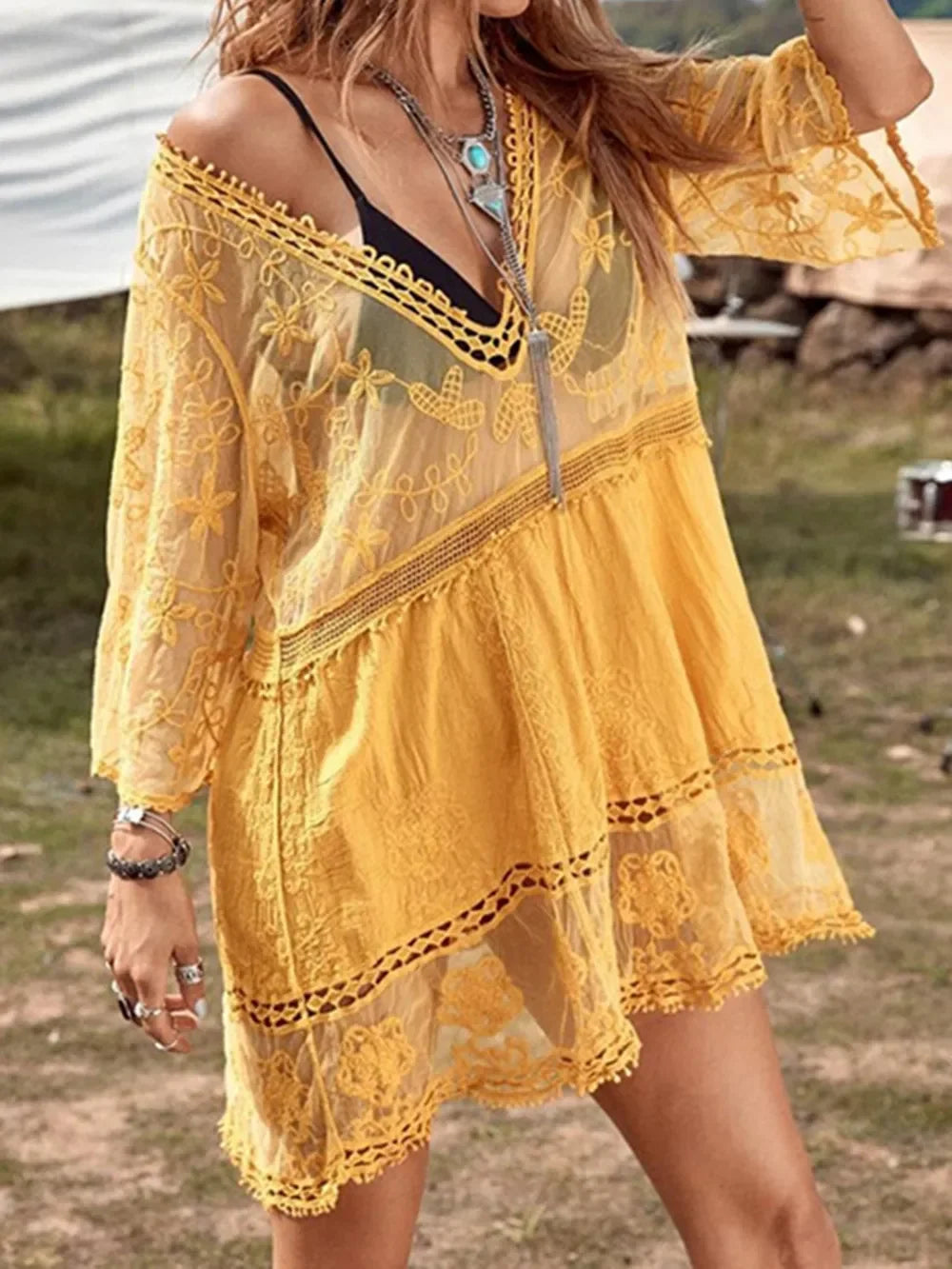 Sea Breeze Lace Plunge Cover-Up Dress