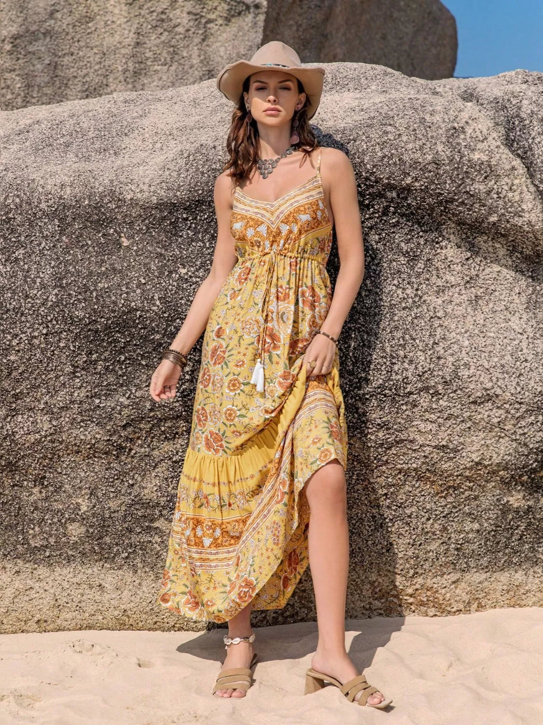 Golden Hour Tassel Tiered Cami Dress
