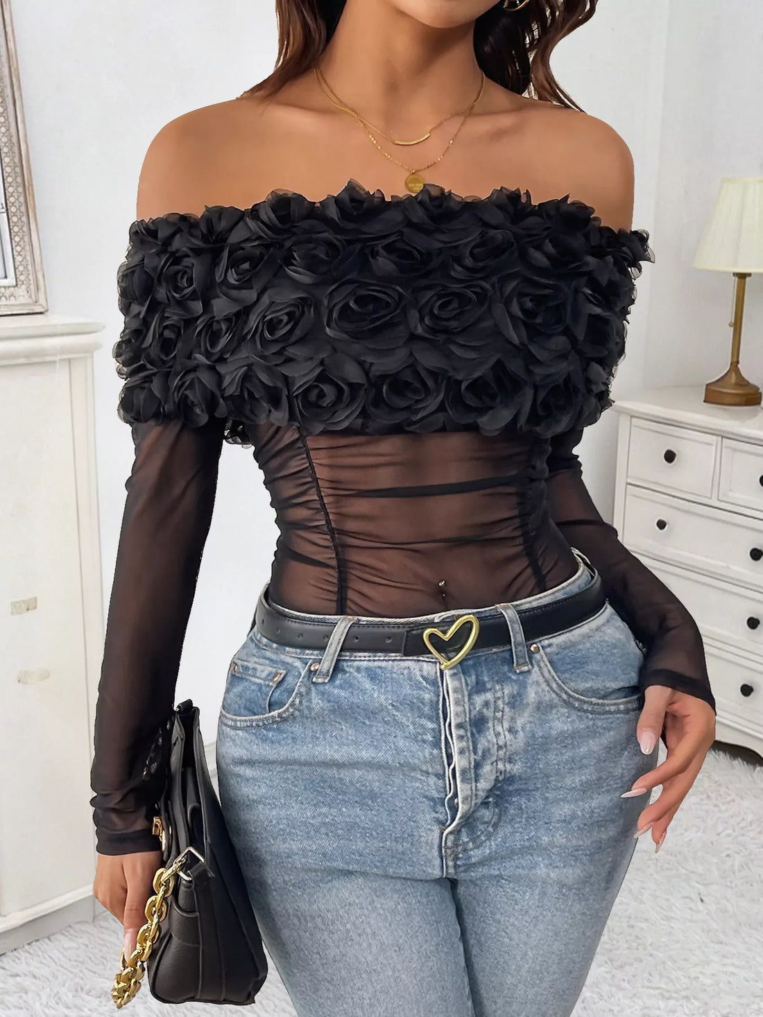 City Society Off-Shoulder Mesh Bodysuit