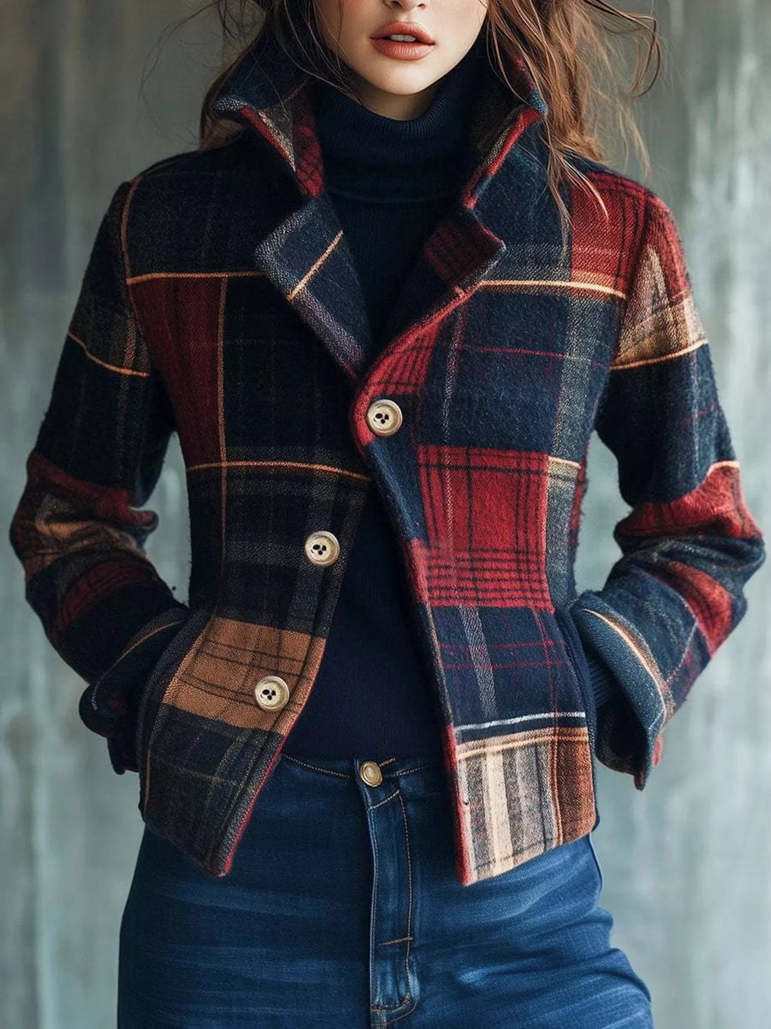 City Classic Plaid Button-Up Jacket