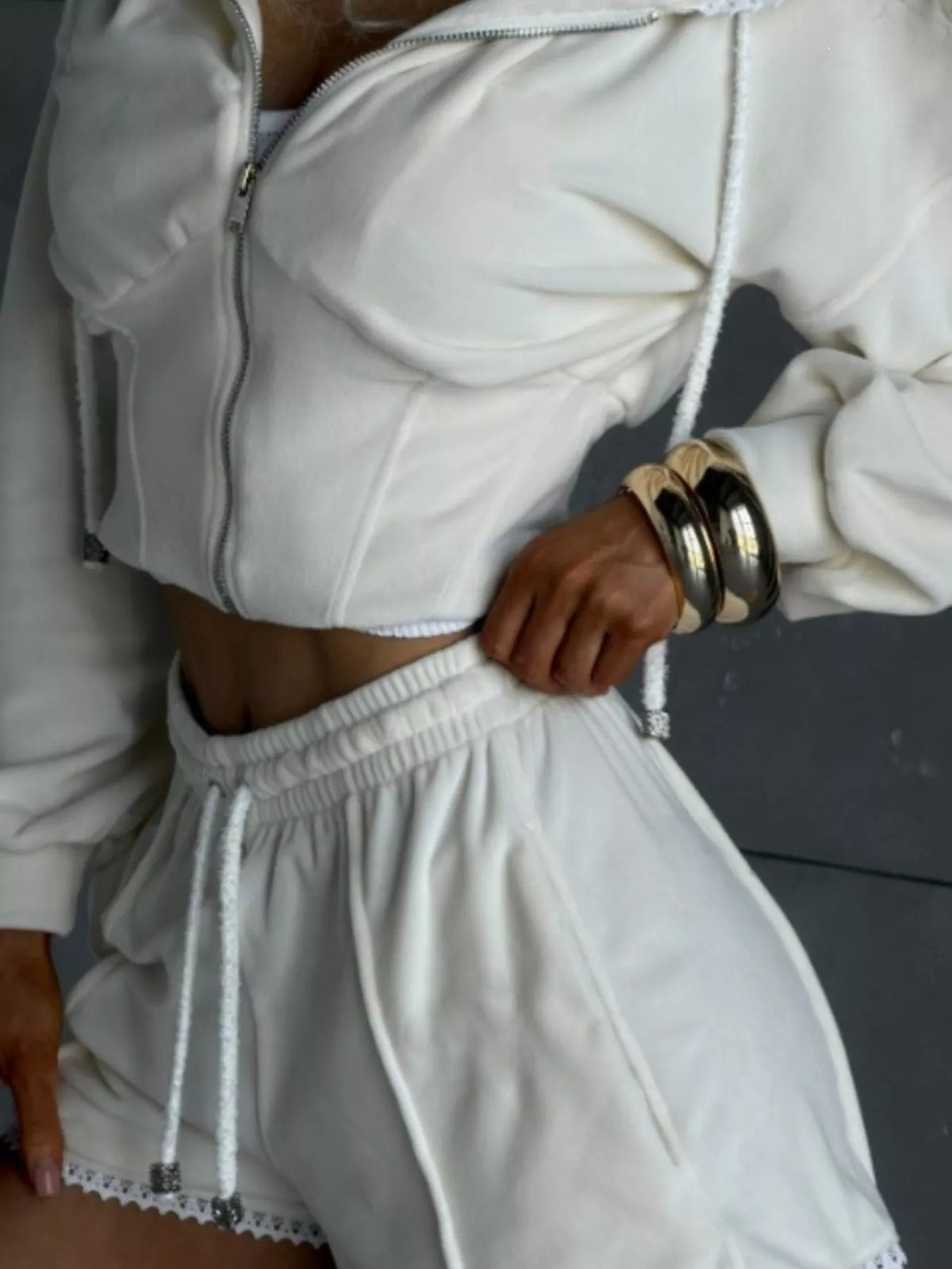 Wanderlust Drawstring Zip-Up Hoodie & Shorts Set