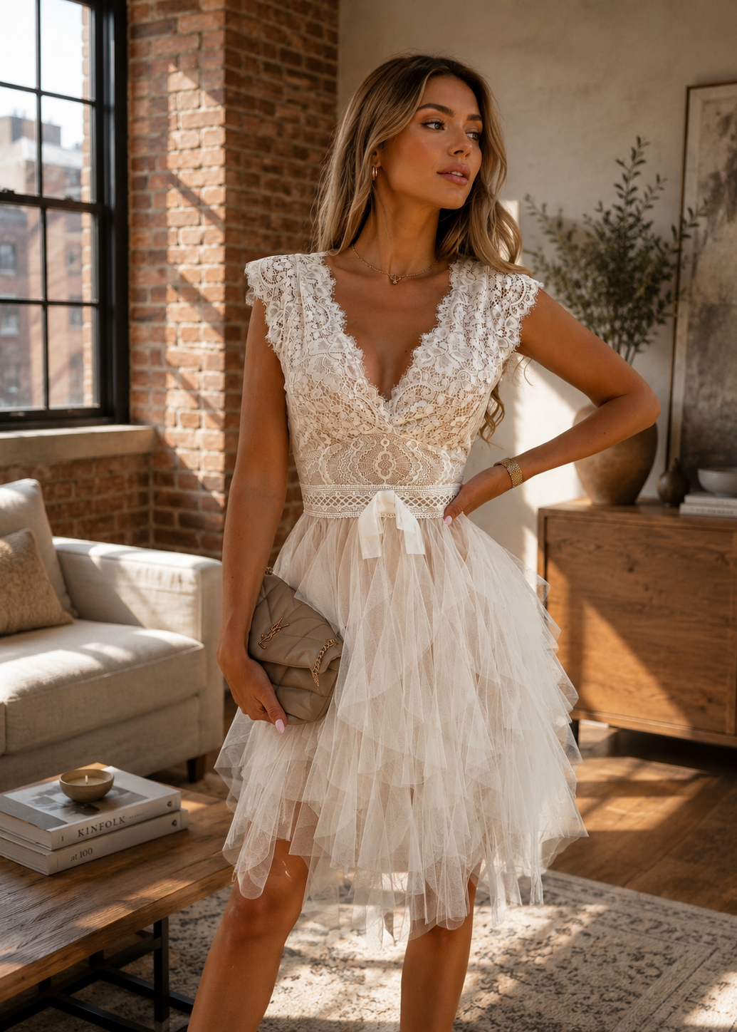 Lace Muse V-Neck Ruffle Dress