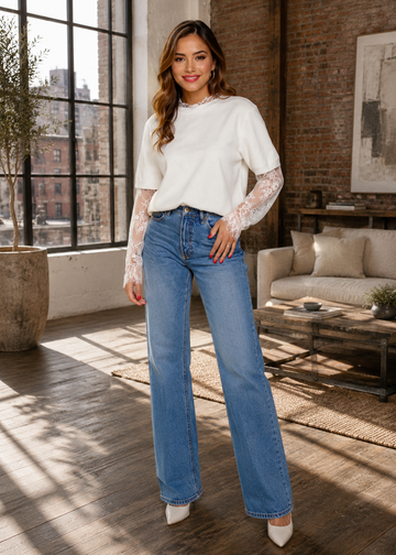 Love Lace Sleeve Faux Two-piece Sweater