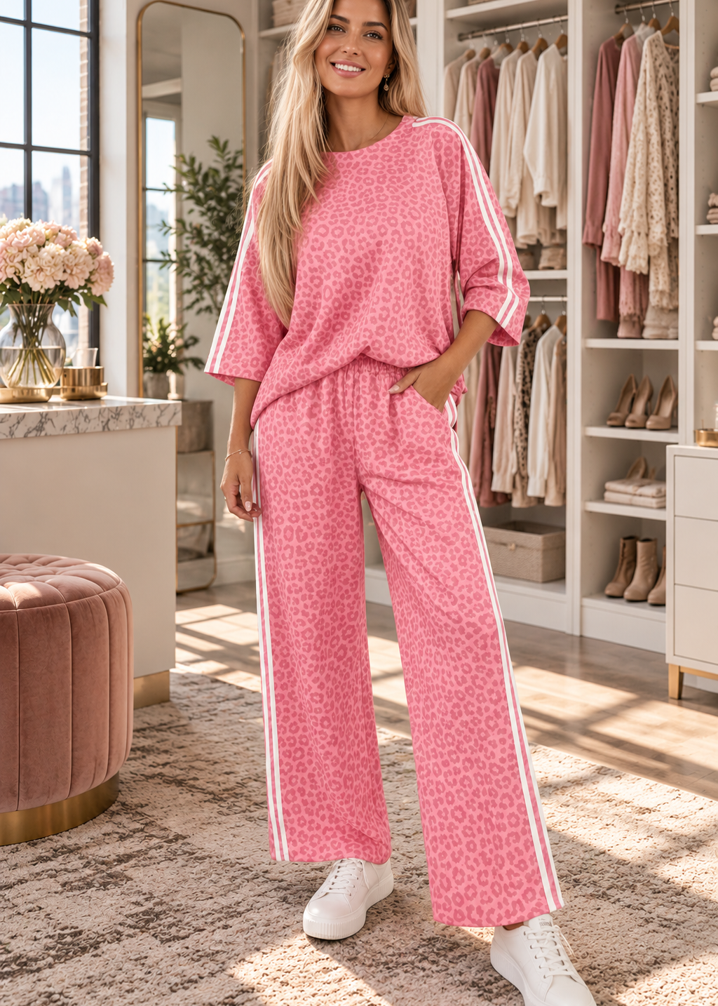 Cozy Corner Leopard Print Two-Piece Set with Side Stripes