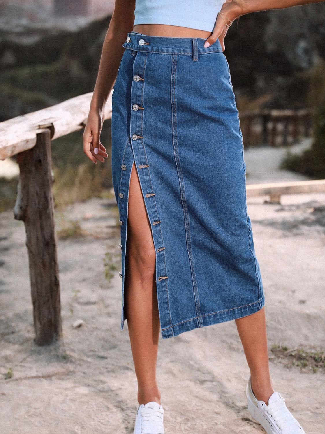 Urban Edge Button Down Denim Skirt