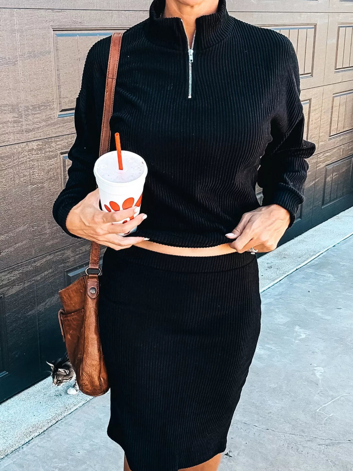 City Chic Knit Quarter-Zip Top & Skirt Set
