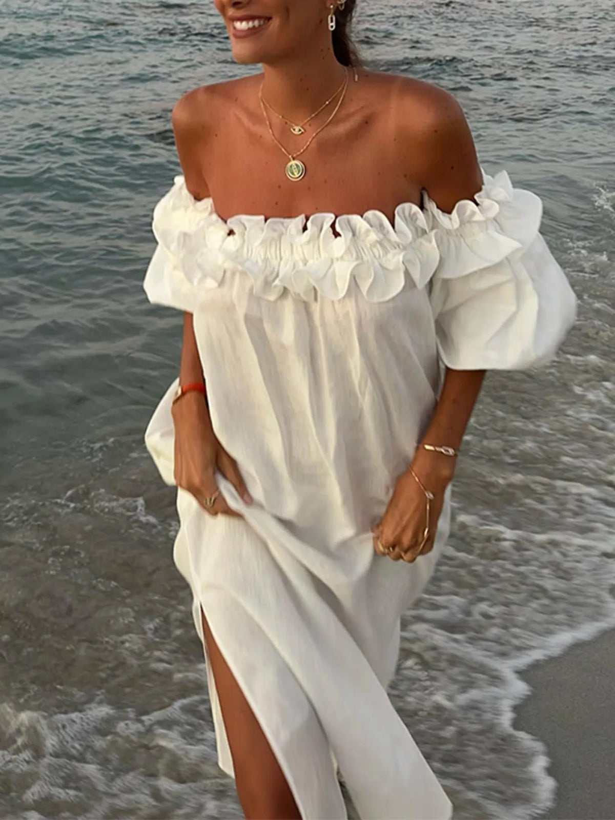 Santorini Sunset Off-Shoulder Dress