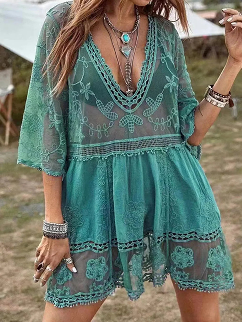 Sea Breeze Lace Plunge Cover-Up Dress