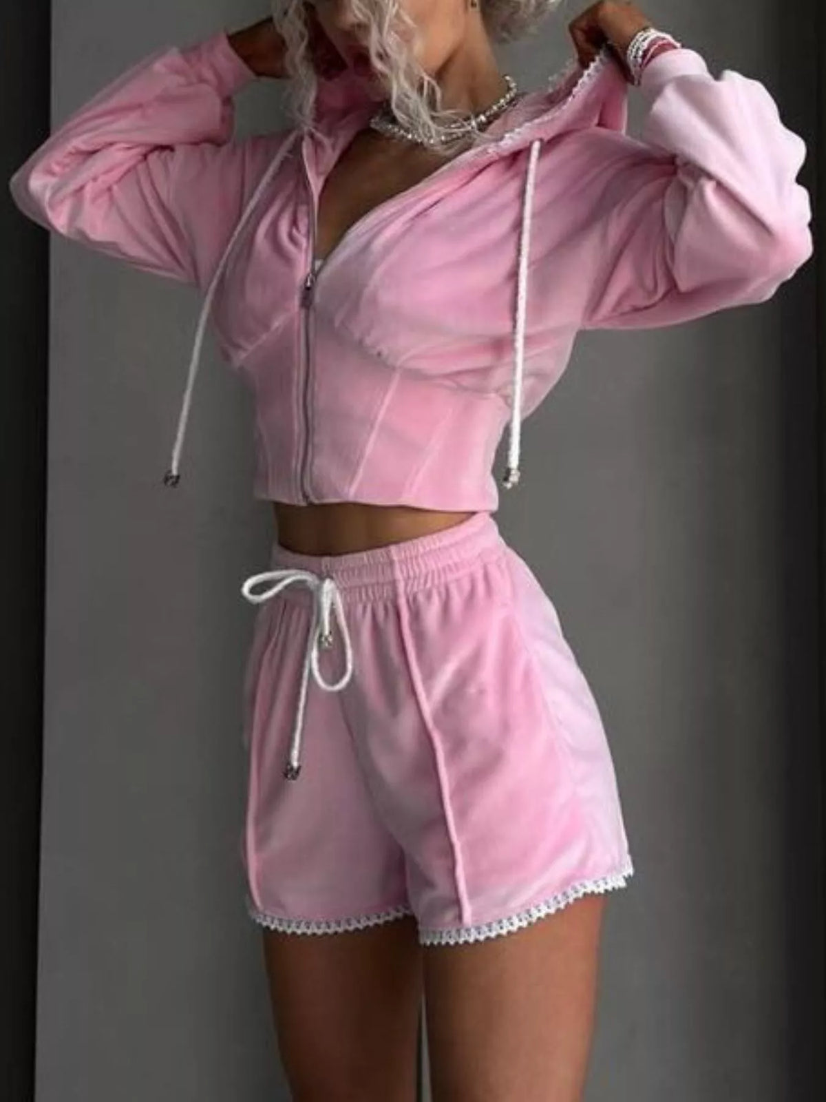 Wanderlust Drawstring Zip-Up Hoodie & Shorts Set