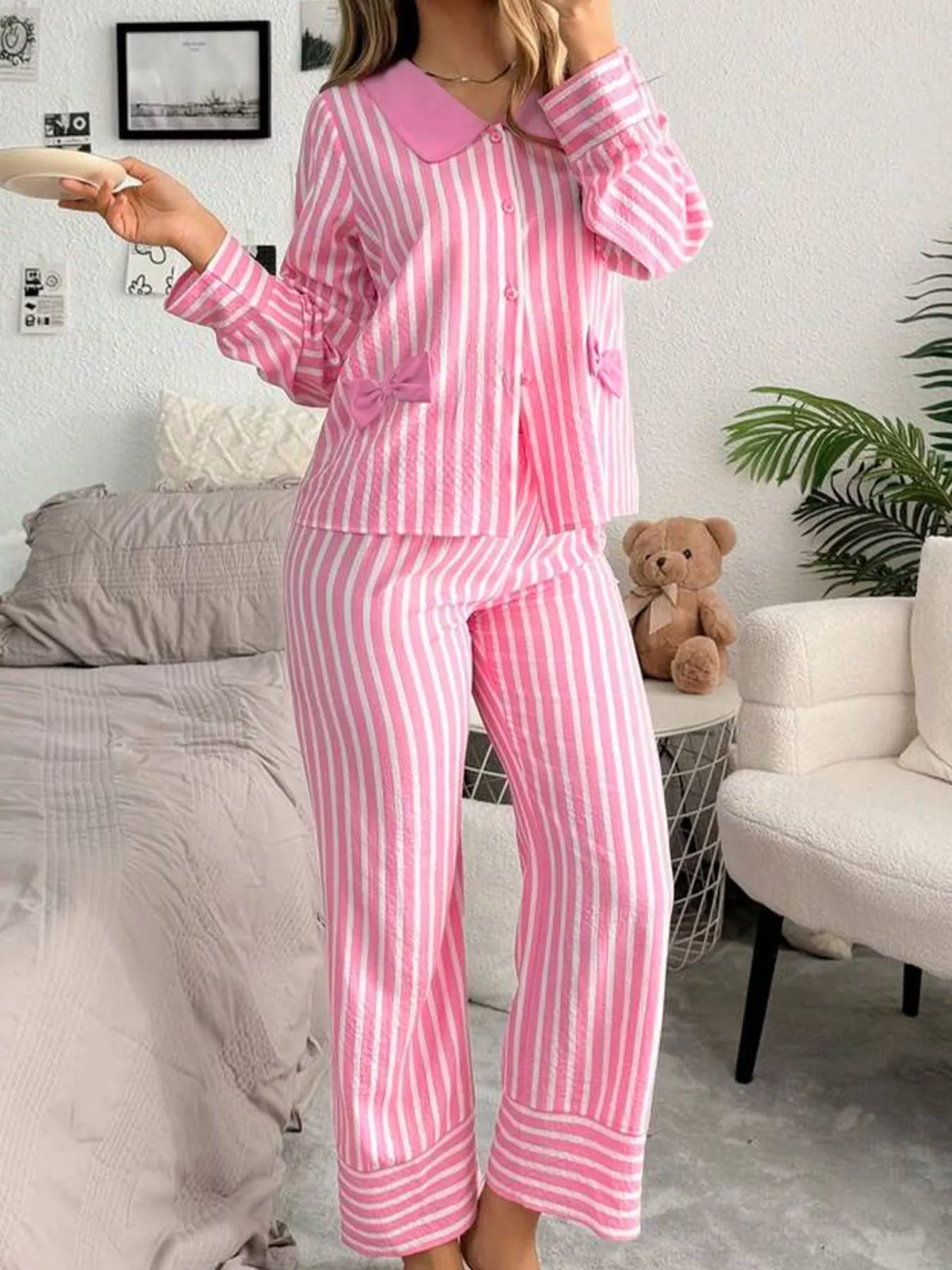 Dream State Stripe Button-Front Lounge Set