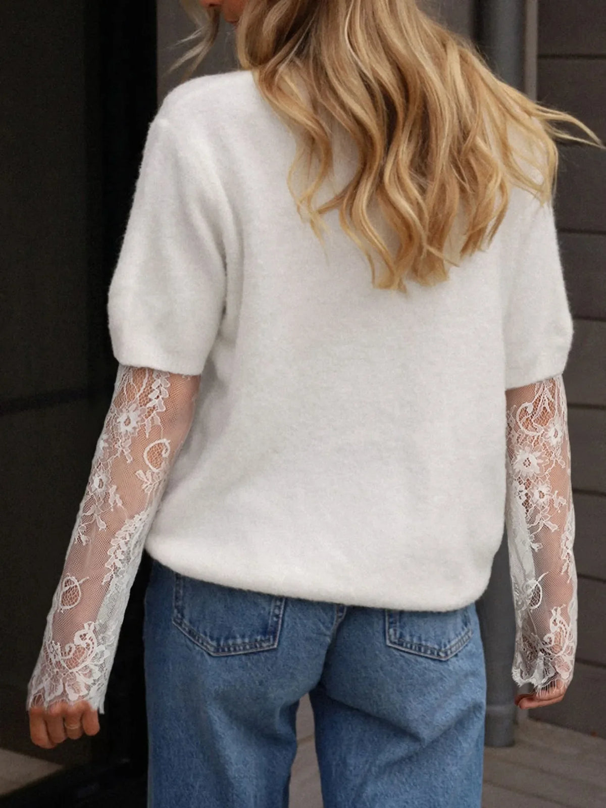 Love Lace Sleeve Faux Two-piece Sweater