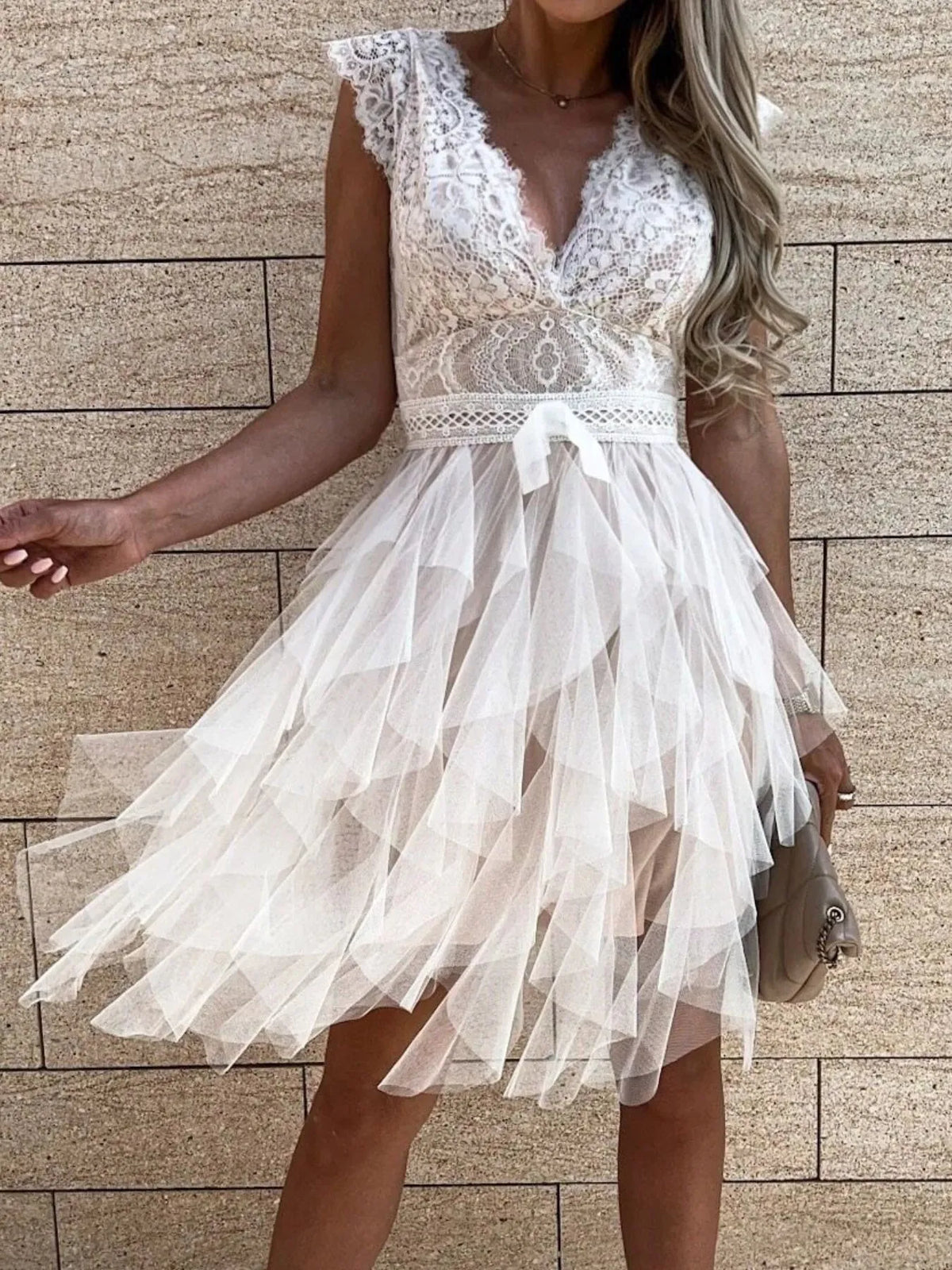 Lace Muse V-Neck Ruffle Dress