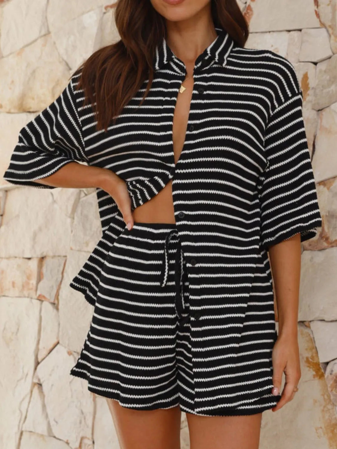 City Ease Striped Top & Shorts Set