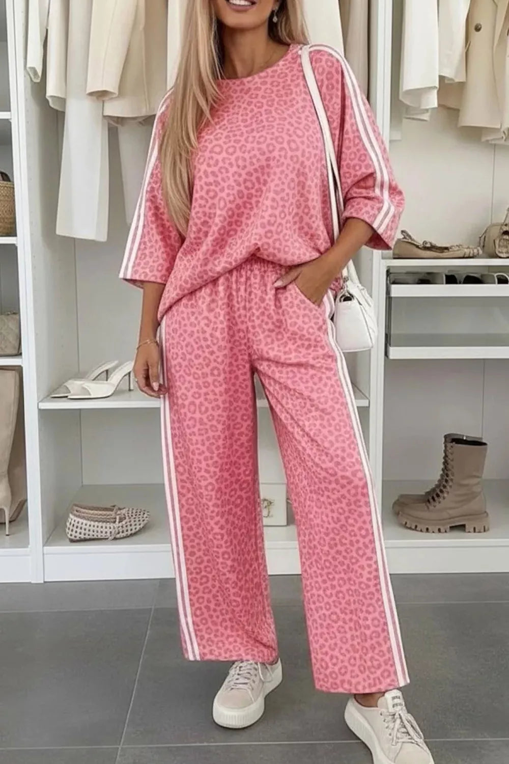 Cozy Corner Leopard Print Two-Piece Set with Side Stripes