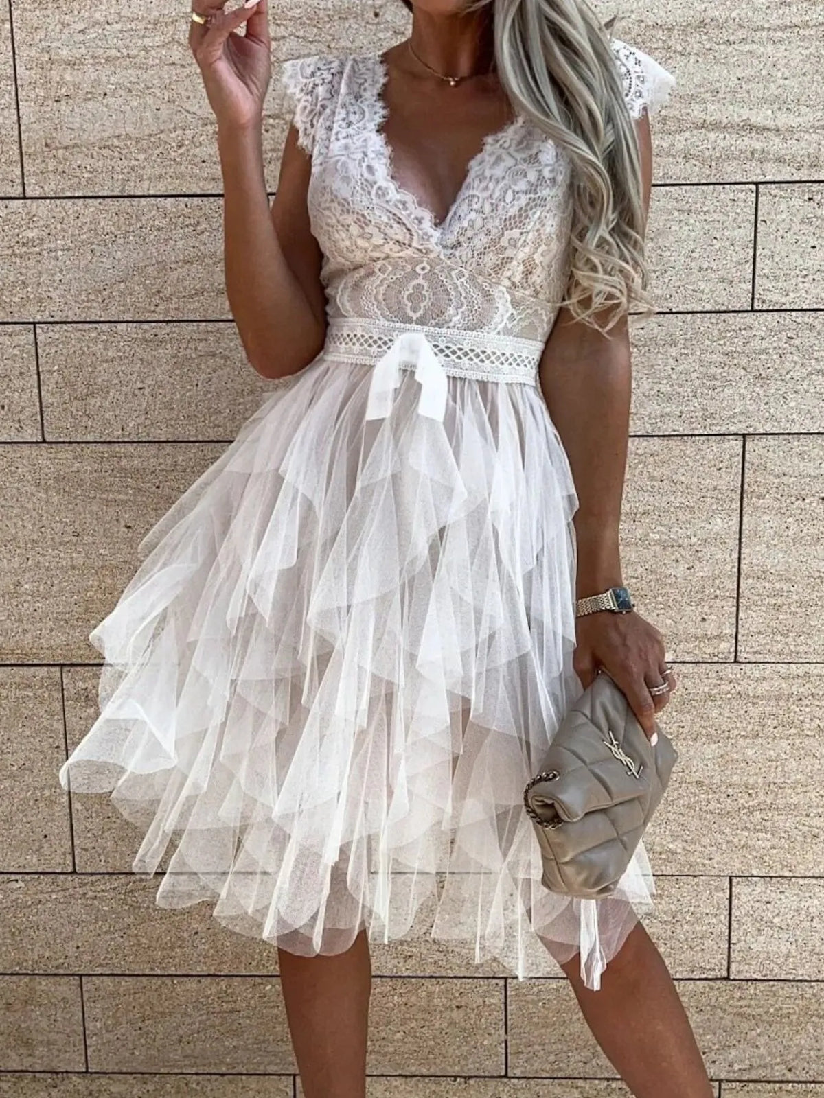 Lace Muse V-Neck Ruffle Dress