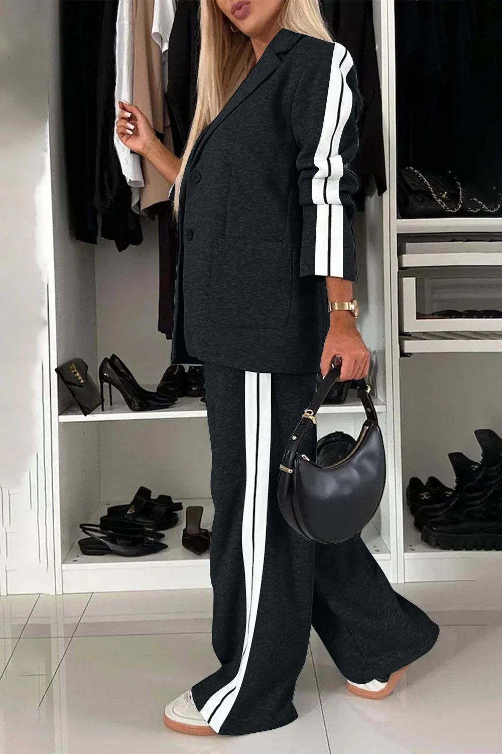 City Contrast Lapel Collar Top & Pants Set