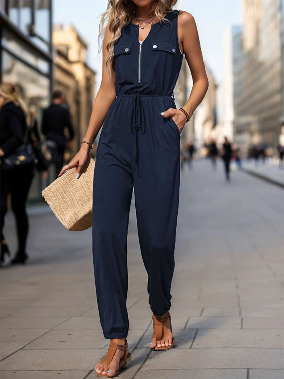 Easy Street Drawstring Sleeveless Jumpsuit