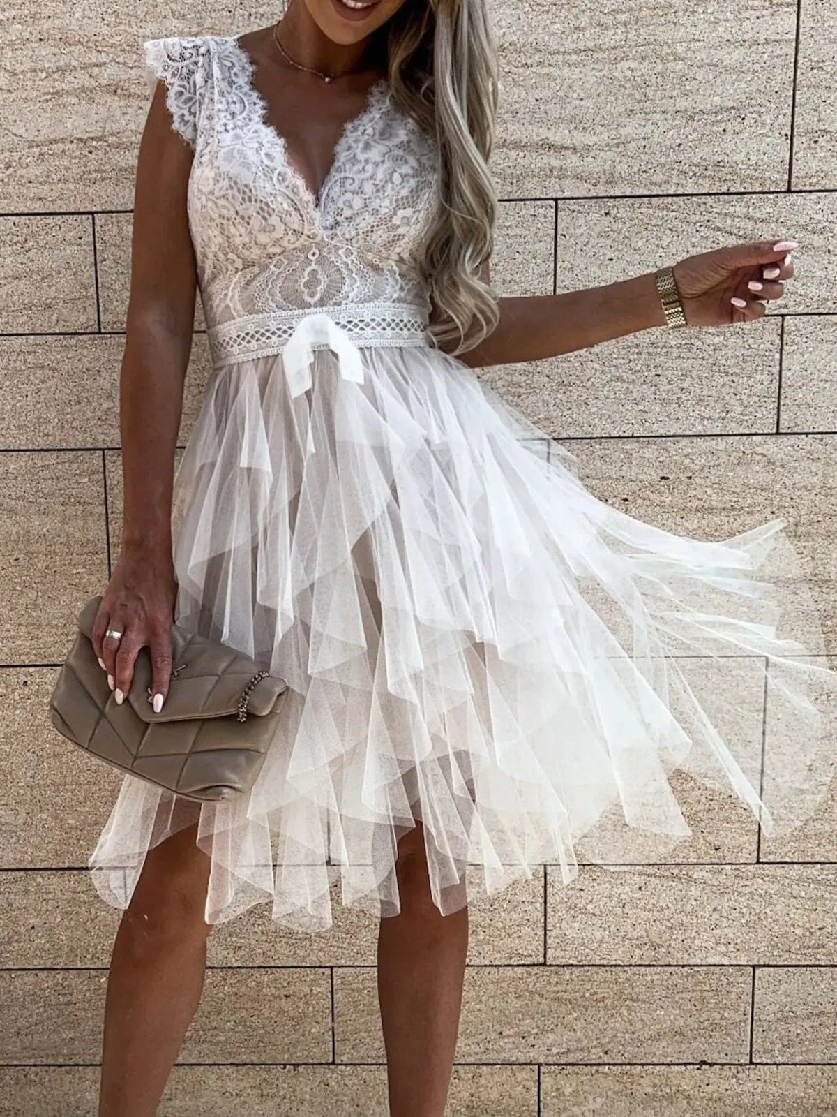 Lace Muse V-Neck Ruffle Dress