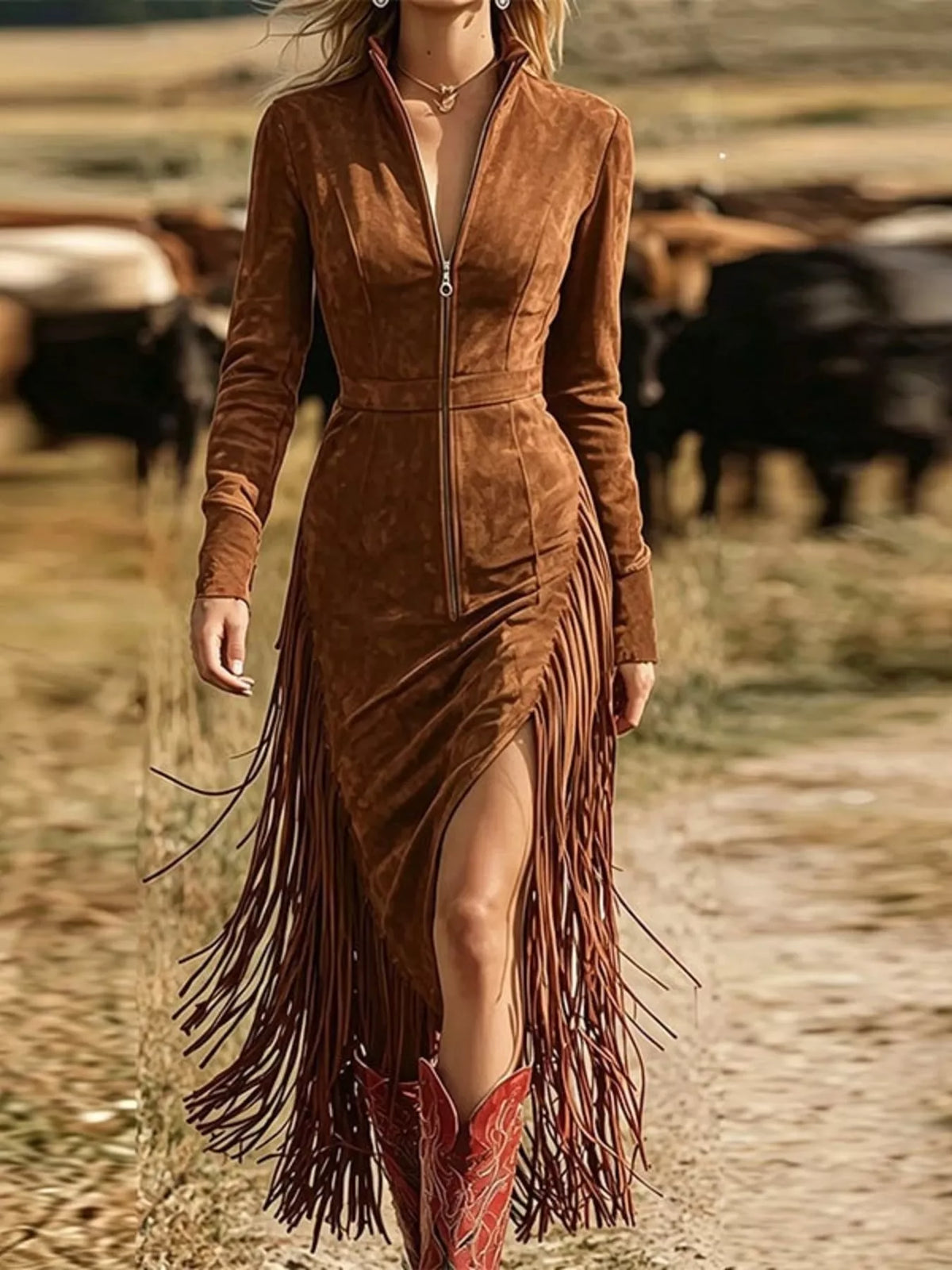 Brave Heart Fringe Zip-Front Midi Dress