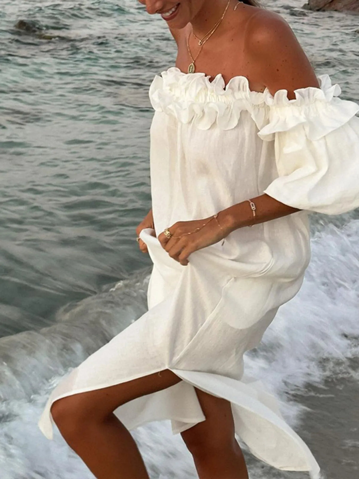 Santorini Sunset Off-Shoulder Dress