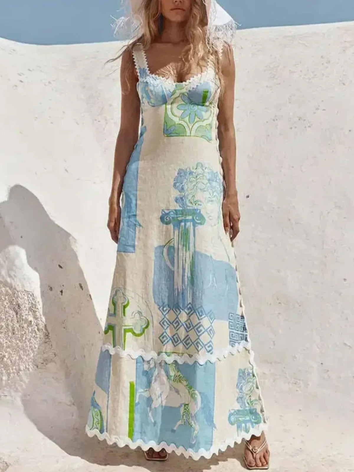 Coastal Boho Tied-Back Printed Maxi Dress