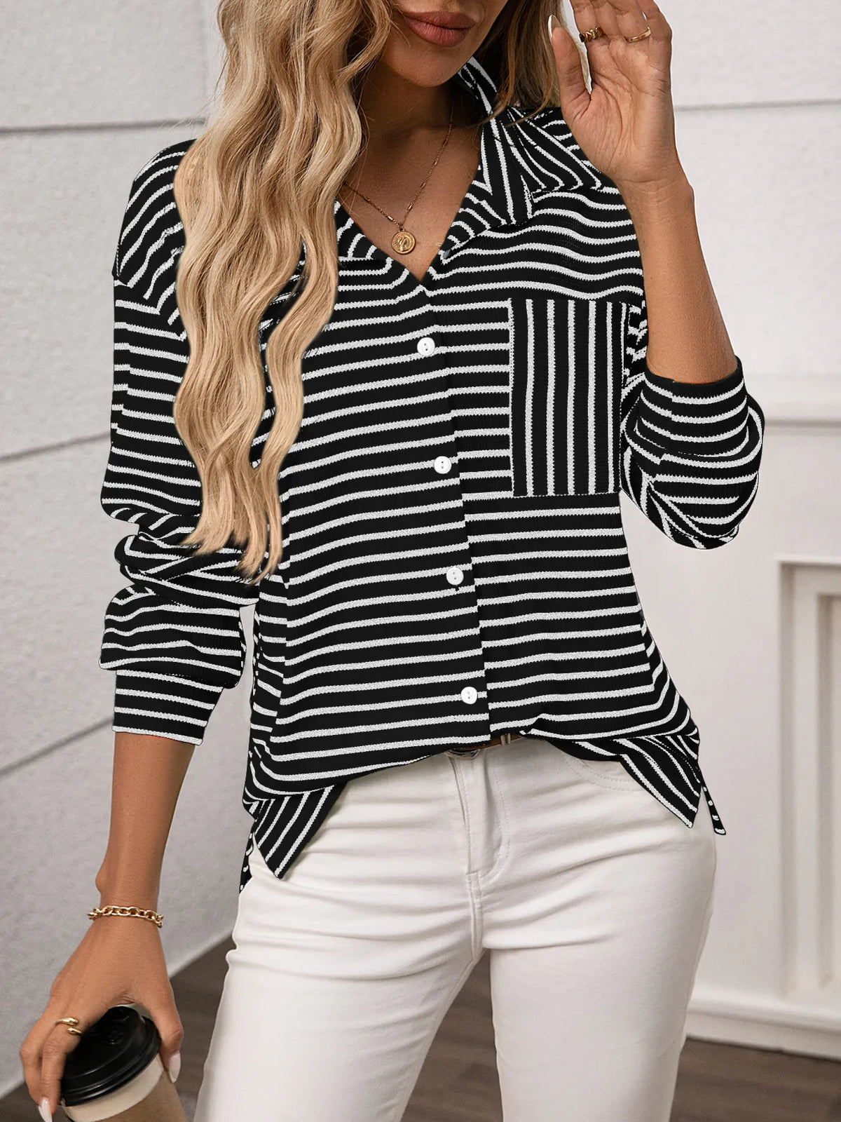 City Ease Striped Button Up Long Sleeve Shirt