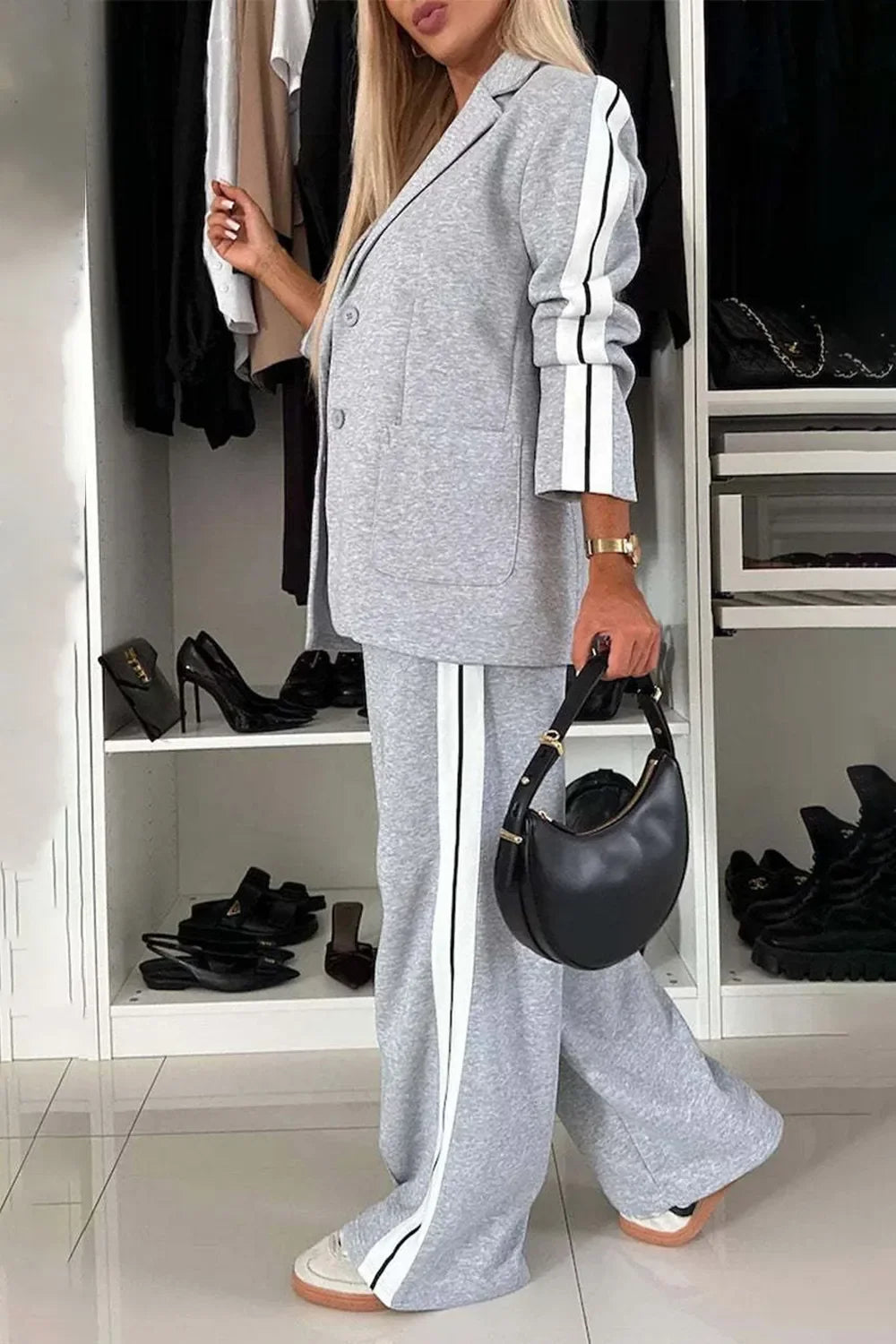 City Contrast Lapel Collar Top & Pants Set