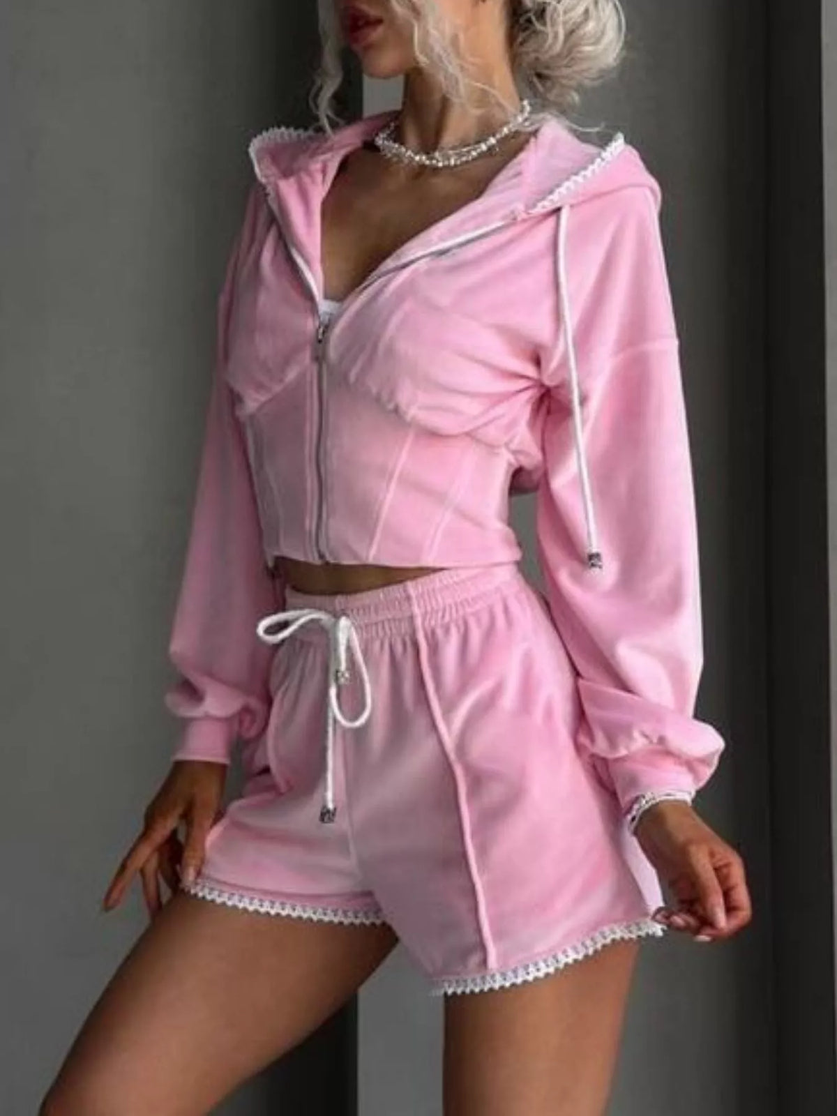 Wanderlust Drawstring Zip-Up Hoodie & Shorts Set
