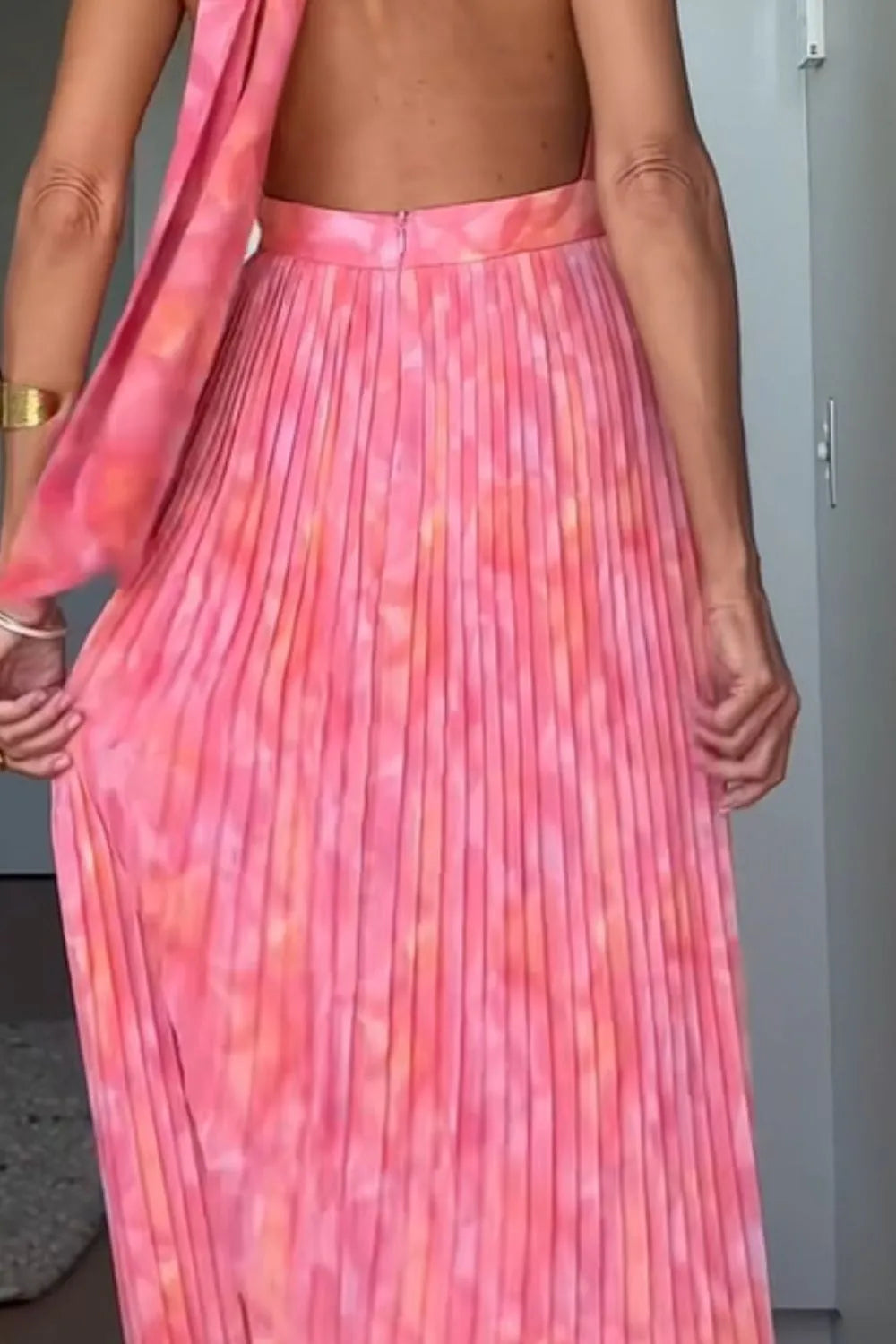 Silk Flow Halter Neck Pleated Maxi Dress