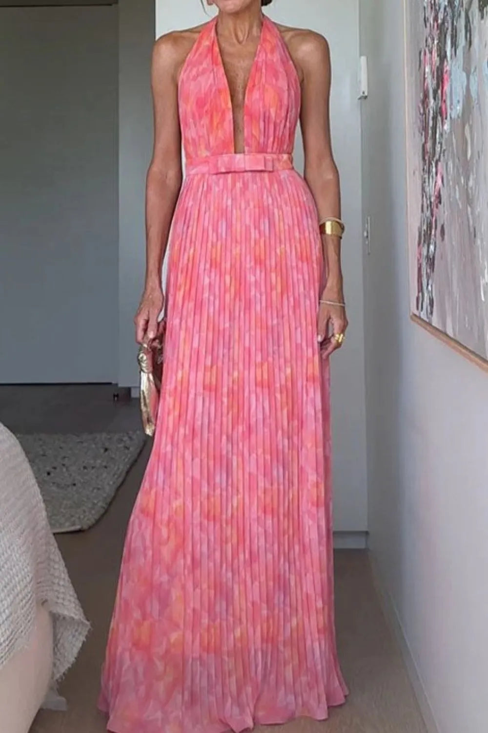 Silk Flow Halter Neck Pleated Maxi Dress